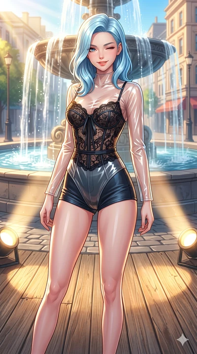 score_9, masterpiece, best quality, ultra-detailed, high-budget anime keyframe, vibrant anime aesthetic, Korean woman. cowboy shot from the thighs up, character and outfit filling the frame for maximum presence. She is standing on a deck, winking wit