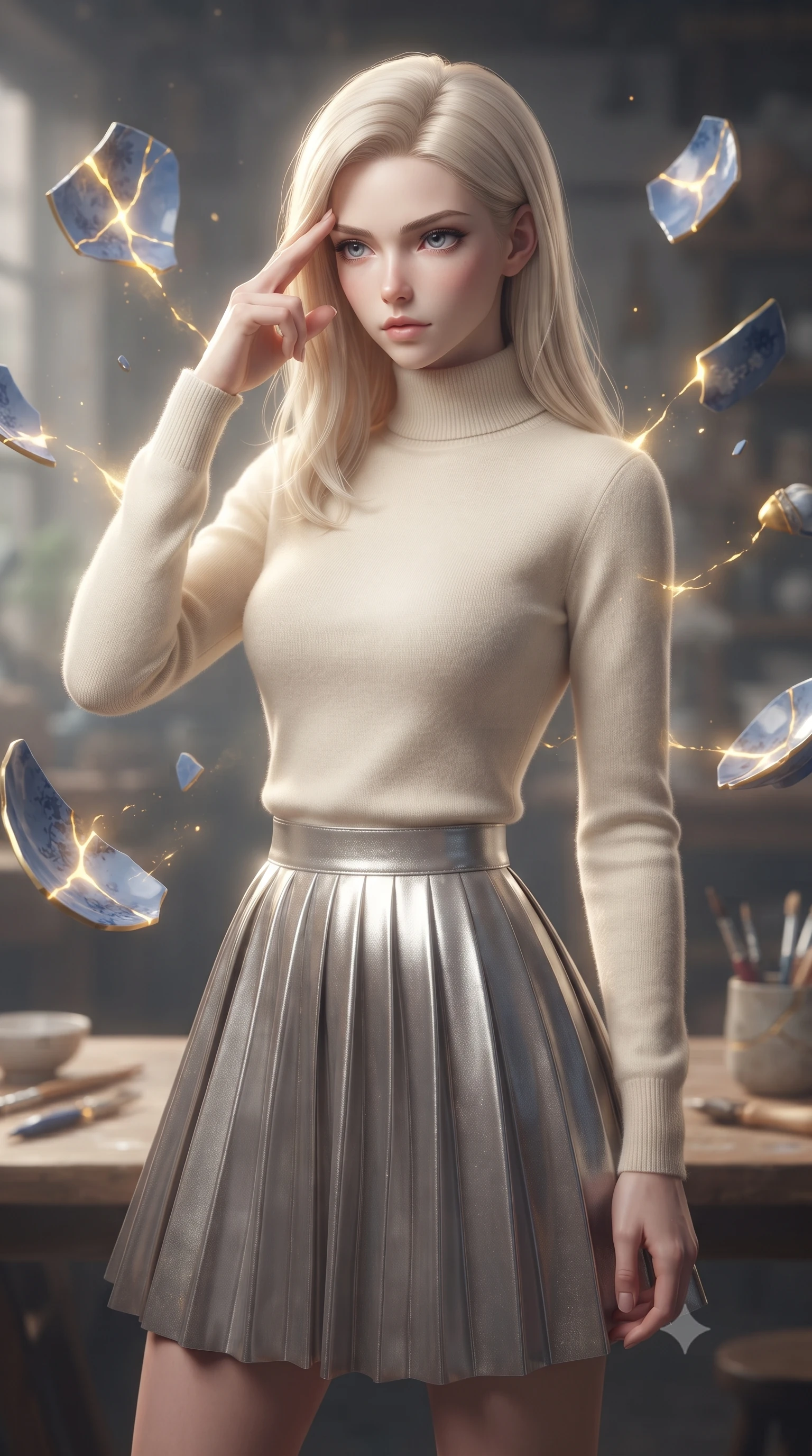 score_9, masterpiece, best quality, ultra-detailed, high-budget anime keyframe, editorial fashion photography, tasteful artistic composition, Caucasian woman woman. close-up cowboy shot from the waist and thighs up, the character dominates the composition, filling the frame with her large presence, background elements kept in soft focus. She has an exceptionally elegant, slender, and willowy female figure with an ultra-slim waist, a gracefully sculpted slender torso, and a refined silhouette. pressing two fingers to her temple in a composed gesture, gazing past the camera with sharp focus, flawlessly proportioned anatomical accuracy, natural body alignment, perfectly sculpted elegant limbs, clean dynamic posture without body distortion. set against a soft-focus background of a floating blue porcelain workshop with levitating kintsugi shards. wearing an elegant high-neck cashmere sweater with a pleated metallic silver A-line skirt. bathed in gold ethereal light radiating from gold cracks in floating ceramics with intense inner glow. ultra-reflective glossy finish, specular highlights, metallic sheen, high-contrast stereoscopic depth, volumetric dynamic lighting, 2k, ultra detail, master piece, 9:16 ratio