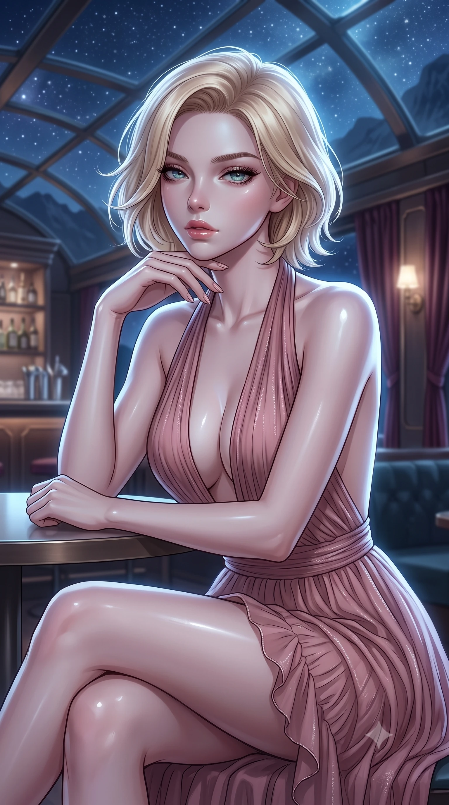 score_9, masterpiece, best quality, ultra-detailed, high-budget anime keyframe, editorial fashion photography, tasteful artistic composition, Caucasian woman. close-up cowboy shot from the waist and thighs up, the character dominates the composition, filling the frame with her large presence, background elements kept in soft focus. resting her chin on the backs of her fingers, casting a heavy-lidded, sultry look past the camera the background shows a soft-focus a scenic train bar lounge with glass ceilings showing stars and mountain outlines. She has an exceptionally elegant, slender, and willowy female figure with an ultra-slim waist, a gracefully sculpted slender torso, and a refined silhouette. sharp v-shaped jawline, high-bridge nose, intricate jewel-like eyes with depth, thick eyelashes, glossy lips with a natural sheen. wearing a form-contouring deep plunging-V neck maxi dress in dusty rose chiffon with a bold halter neck and low-cut back. soft silver moonlight wrapping her silhouette in a cool cosmic glow. ultra-reflective glossy finish, specular highlights, metallic sheen, high-contrast stereoscopic depth, volumetric dynamic lighting, 2k, ultra detail, master piece, 9:16 ratio