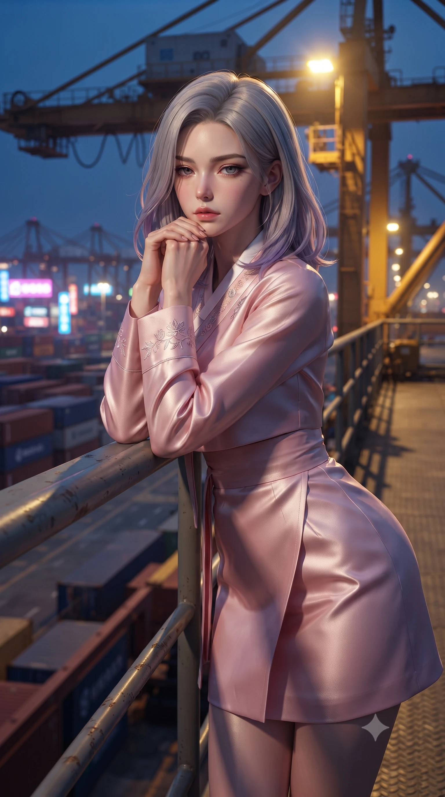 score_9, masterpiece, best quality, ultra-detailed, high-budget anime keyframe, editorial fashion photography, tasteful artistic composition, Caucasian woman. close-up cowboy shot from the waist and thighs up, the character dominates the composition, filling the frame with her large presence, background elements kept in soft focus. resting her chin on the backs of her fingers, casting a heavy-lidded, sultry look past the camera the background shows a soft-focus an industrial dock crane platform overlooking a neon container port at dusk. She has an exceptionally elegant, slender, and willowy female figure with an ultra-slim waist, a gracefully sculpted slender torso, and a refined silhouette. sharp v-shaped jawline, high-bridge nose, intricate jewel-like eyes with depth, thick eyelashes, glossy lips with a natural sheen. wearing a tailored modern fusion hanbok jeogori in light pink silk, paired with a high-waisted wrap skirt. harsh sodium yellow spotlights casting long dramatic industrial shadows. ultra-reflective glossy finish, specular highlights, metallic sheen, high-contrast stereoscopic depth, volumetric dynamic lighting, 2k, ultra detail, master piece, 9:16 ratio