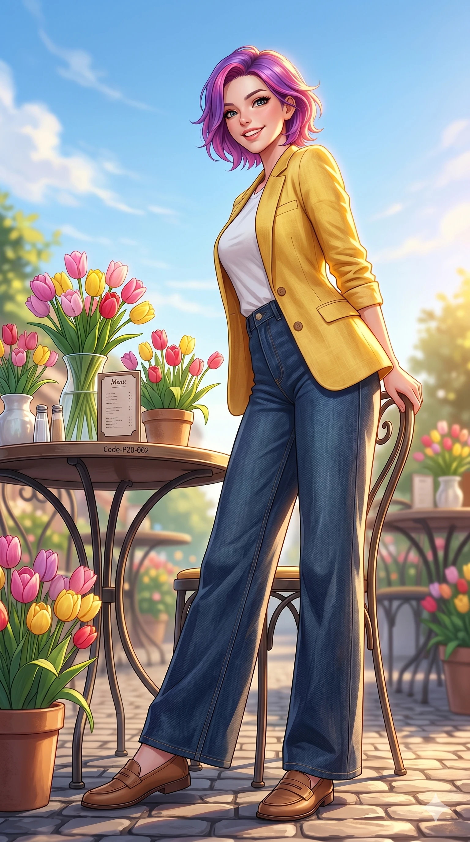 score_9, masterpiece, best quality, ultra-detailed, high-budget anime keyframe, vibrant anime aesthetic, Caucasian woman, strictly human ears. low angle full-body shot from head to toe showing her feet, filling the entire 9:16 vertical frame with her statuesque presence, stretching her vertical silhouette. She is leaning back with a radiant smile, looking over her shoulder with lively confidence by a bright outdoor café table covered with fresh spring tulips under a clear sky (Code-P20-002). She has an absolutely perfect 8-heads proportion, an exceptionally tall and slender female figure with impossibly long slender legs and an ultra-slim waist. V-shaped jawline, high-bridge nose, intricate jewel-like eyes with depth, thick eyelashes, glossy lips with a natural sheen. wearing a bright yellow blazer over a white cotton tee and wide-leg denim pants. She is drenched in bright, golden afternoon sunshine that illuminates the spring flowers. 2k, ultra detail, master piece, 9:16 ratio