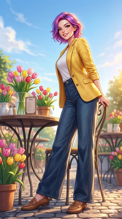 score_9, masterpiece, best quality, ultra-detailed, high-budget anime keyframe, vibrant anime aesthetic, Caucasian woman, strictly human ears. low angle full-body shot from head to toe showing her feet, filling the entire 9:16 vertical frame with her
