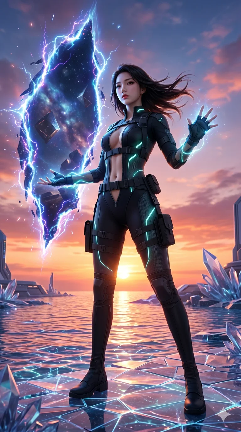 score_9, masterpiece, best quality, ultra-detailed, Photorealistic 8k CG, masterpiece, hyper-realistic SSS skin texture, cinematic ray-tracing, every pore and strand of hair rendered with extreme precision, 8k resolution, Korean woman with idol-like refined features. Dynamic full-body shot stretching the vertical silhouette, capturing her from a powerful low-angle perspective. Summoning a swirling portal to another dimension with her bare hands, the edges of the rift crackling with unstable energy. She has an absolutely perfect 8-heads proportion, an exceptionally tall and slender female figure with impossibly long slender legs and an ultra-slim waist, her statuesque height and towering silhouette dominating the vertical 9:16 frame. Her face is a masterpiece featuring a sharp v-shaped jawline, high-bridge nose, intricate jewel-like eyes with depth, thick eyelashes, and glossy lips with a natural sheen. She is wearing a Sleek tactical leotard with thigh-high holsters, unzipped deeply to show her midriff crafted from Bioluminescent silk that emits a soft, ethereal glow from within the fabric, unzipped deeply to reveal a daring glimpse of her chest and a high-cut leg line. The scene is set in a vibrant sunset over a futuristic crystalline ocean with waves made of liquid light, illuminated by dynamic strobe effects that capture her movement in a series of sharp fragments. 2k, ultra detail, master piece, 9:16 ratio
