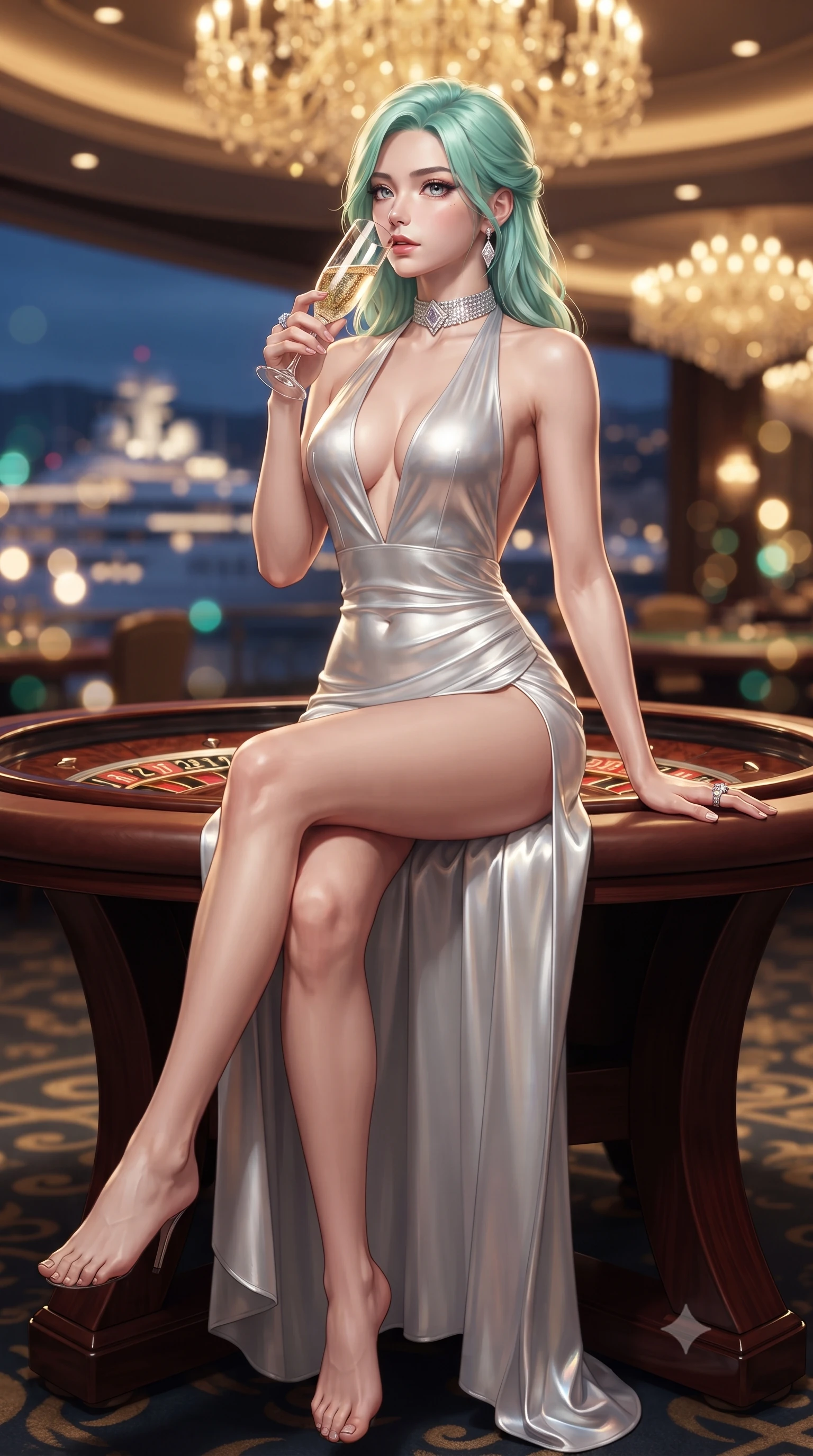 score_9, masterpiece, best quality, ultra-detailed, high-budget anime keyframe, editorial fashion photography, tasteful artistic composition, Japanese woman. low angle full-body shot from head to toe showing her feet, filling the entire 9:16 vertical frame with her statuesque presence, stretching her vertical silhouette. sitting perched on the elevated edge with hips angled toward the camera and legs crossed, displaying her toned midriff and flawlessly sculpted slender limbs while perching on the rim of a luxury mahogany roulette table with legs crossed, arching her lower back while holding a crystal champagne flute to her lips. The composition keeps background elements in soft focus with creamy bokeh. glittering Monaco harbor superyacht lights and casino chandeliers blurred into champagne-gold, emerald, and sapphire bokeh. She has an absolutely perfect, statuesque 8.5-heads proportion, an exceptionally tall and slender model-like female figure with impossibly long slender legs, a toned flat midriff, an ultra-slim waist, and beautifully sculpted feminine hips. sharp v-shaped jawline, high-bridge nose, intricate jewel-like eyes with depth, thick eyelashes, glossy parted lips with a natural sheen, intensely captivating and seductive bedroom-eyes expression, flawlessly proportioned anatomical accuracy, strict slender model proportions, natural body alignment, perfectly sculpted long slender limbs, ultra-slim waistline, clean dynamic posture without body distortion. wearing a plunging halter-neck liquid metallic gown with an ultra-deep open back and an ultra-high side slit ascending to the hip in pristine arctic white and metallic silver, tailored from ultra-smooth duchess satin with a pearlescent sheen, complemented by a bold geometric diamond choker and glittering cocktail ring, the form-contouring material adhering flawlessly to her sculpted flat midriff and slender torso, emphasizing her long leg lines and perfectly proportioned willowy build. bathed in opulent golden casino chandelier light and cool Mediterranean twilight ambient fill. ultra-reflective glossy finish, specular highlights, rich textural contrasts, high-contrast stereoscopic depth, volumetric dynamic lighting, 2k, ultra detail, master piece, 9:16 ratio