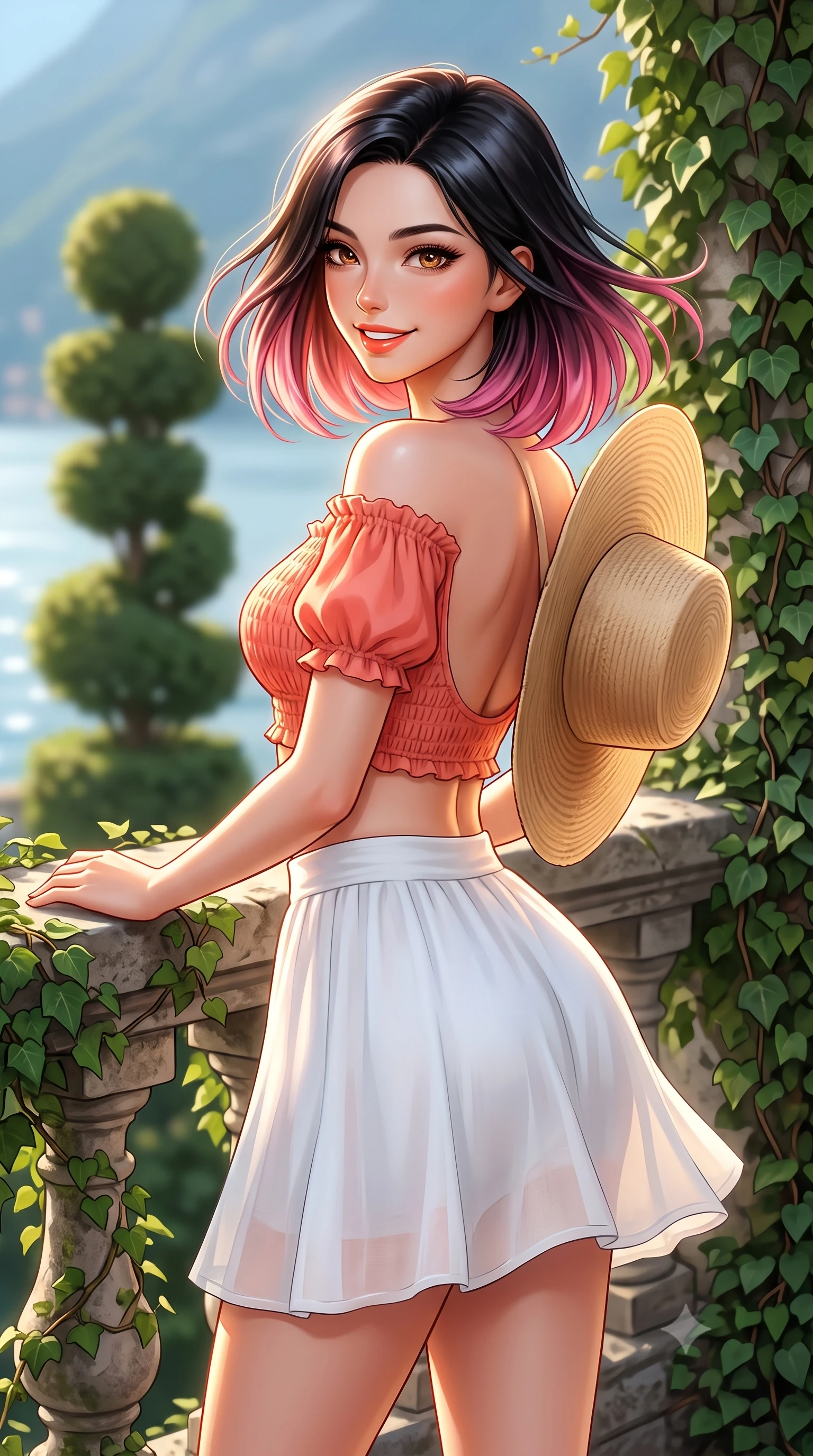 score_9, masterpiece, best quality, ultra-detailed, high-budget anime keyframe, semi-realistic 3D game render, editorial fashion photography, tasteful artistic composition, Korean woman. close-up cowboy shot from the waist and thighs up, the character dominates the composition, filling the frame with her large presence. turning playfully with a bright confident smile, her glossy hair tossing in the coastal breeze as her hips angle gracefully in a captivating contrapposto while leaning against the ivy-clad stone balustrade with hips cocked back, looking over her shoulder with an alluring, contemplative bedroom-gaze. The composition keeps background elements in soft focus with dreamy creamy bokeh. sculpted topiaries and climbing ficus vines softened in historic aristocratic shallow focus. She has an exceptionally elegant, slender, and willowy female figure with an ultra-slim waist, flat toned midriff, narrow ribcage, and sculpted feminine hips creating an alluring, slim hourglass silhouette without bulk. sharp v-shaped jawline, high-bridge nose, sparkling amber-hazel eyes with depth, long lush eyelashes, glossy sun-kissed lips with a warm coral glaze, radiant teasing smile with sensual sunlit bedroom-eyes, exuding effortless old-money elegance and intoxicating sun-drenched allure, flawlessly proportioned anatomical accuracy, strict slender model proportions, natural body alignment, perfectly sculpted long slender limbs, ultra-slim waistline, clean dynamic posture without body distortion. wearing a chic off-shoulder smocked crop blouse paired with a tight high-waisted linen A-line mini skirt emphasizing her curvy hips in vibrant sunset coral and cloud white, tailored from airy semi-sheer chiffon that flutters gently in the evening breeze, complemented by a wide-brim straw sunhat held casually behind her back, the precision-cut side openings and low-back scoop framing her graceful spine and the sensual sweep of her slim, sun-kissed hips. illuminated by lake water specular bounce and warm golden rim light defining her sculpted midriff, narrow waist, and curvy hips. highly saturated vibrant anime colors, detailed shading with soft gradients, rich glossy textures, high-contrast stereoscopic depth, volumetric dynamic lighting, master piece, 9:16 ratio