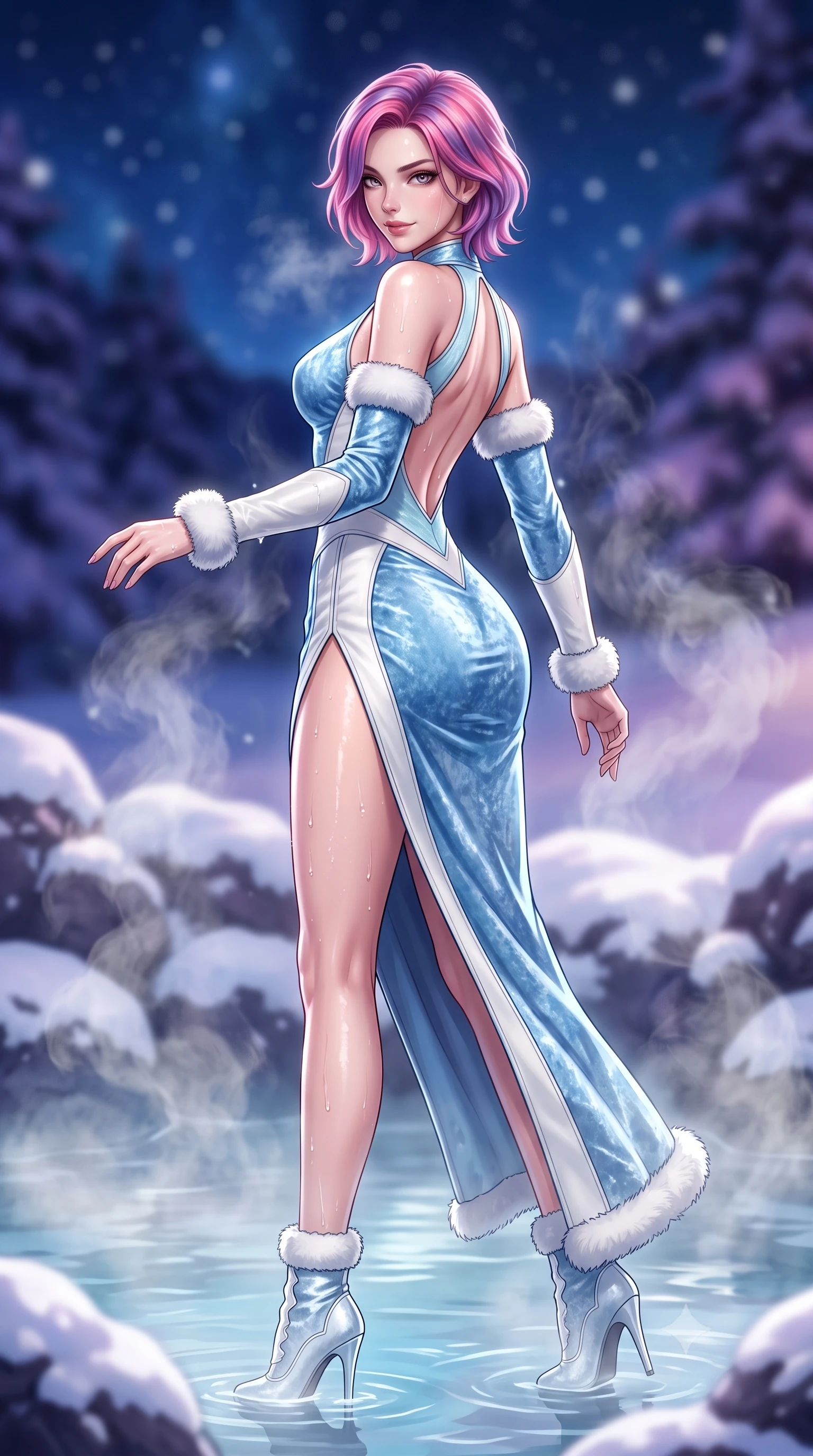 score_9, masterpiece, best quality, ultra-detailed, high-budget anime keyframe, semi-realistic 3D game render, editorial fashion photography, tasteful artistic composition, Caucasian woman. low angle full-body shot from head to toe showing her feet, filling the entire 9:16 vertical frame with her statuesque presence, stretching her vertical silhouette. pivoting dynamically with supreme athletic balance, her impossibly long slender legs and ultra-slim waist creating a mesmerizing vertical line while wading through the steaming thermal mineral pool, arching her spine in pure pleasure as snowflakes melt on her glowing skin. The composition keeps background elements in soft focus with creamy bokeh. rising thermal steam swirls and starry alpine night skies blurred into deep sapphire, amethyst, and pearl-white bokeh. She has an absolutely perfect, statuesque 8.5-heads proportion, an exceptionally tall and slender model-like female figure with impossibly long slender legs, a toned flat midriff, and an ultra-slim waist. sharp v-shaped jawline, high-bridge nose, intricate jewel-like eyes with depth, thick eyelashes, glossy parted lips with a natural sheen, intensely captivating and seductive expression, flawlessly proportioned anatomical accuracy, strict slender model proportions, natural body alignment, perfectly sculpted long slender limbs, ultra-slim waistline, clean dynamic posture without body distortion. wearing an ice-blue crushed velvet evening dress with a high side slit and dramatic bare back in ice crystal blue and brushed platinum, tailored from supple white lambskin leather with fur trim accents, complemented by plush shearling wrist warmers and stiletto snow boots, the liquid-tight tailored fabric emphasizing every curve of her tall, slender model proportions and sculptured silhouette during dynamic movement. surrounded by an intimate, tranquil, and deeply sensual mountain onsen muse aura. highly saturated vibrant anime colors, detailed shading with soft gradients, rich glossy textures, high-contrast stereoscopic depth, volumetric dynamic lighting, master piece, 9:16 ratio