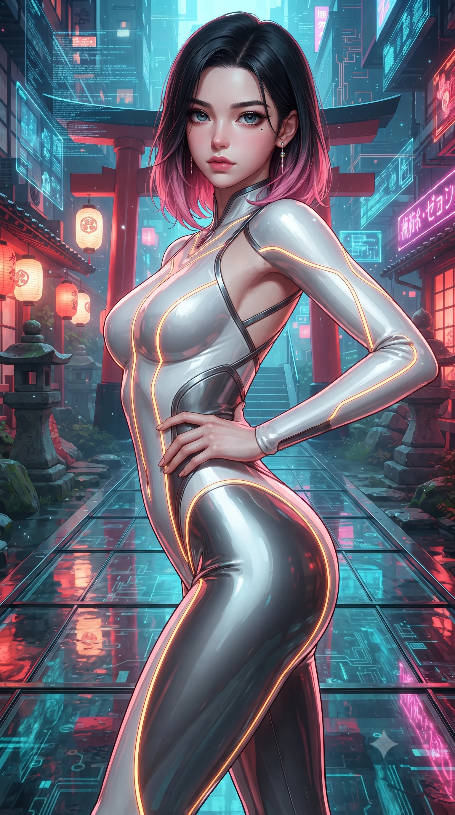 score_9, masterpiece, best quality, ultra-detailed, high-budget anime keyframe, editorial fashion photography, tasteful artistic composition, Korean woman. close-up cowboy shot from the waist and thighs up, the character dominates the composition, filling the frame with her large presence. twisting her upper body in a dynamic S-curve with commanding allure, one hand resting on her slender waist with haughty grace while arching her back in a fluid motion on a submerged glass walkway catching dramatic scarlet and cyan reflections. The surrounding environment is rendered in vivid detail and crisp panoramic clarity. vibrant contrast between traditional Japanese aesthetics and high-tech cybernetic design in panoramic precision. She has an exceptionally elegant, slender, and willowy female figure with an ultra-slim waist, a gracefully sculpted slender torso, toned flat midriff, and a refined slim silhouette. sharp v-shaped jawline, high-bridge nose, intricate jewel-like eyes with depth, thick eyelashes, glossy lips with a natural sheen, flawlessly proportioned anatomical accuracy, strict slender model proportions, natural body alignment, perfectly sculpted long slender limbs, ultra-slim waistline, clean dynamic posture without body distortion. wearing an aerodynamic sculpted liquid-chrome bodysuit with glowing neon fiber-optic circuitry and an elegant high-fashion cut in high-contrast monochrome white enamel and glowing amber lines, made of smooth flowing silk chiffon that shifts colors with movement, complemented by criss-cross back straps highlighting her completely bare spine, the precision-cut daring openings accentuating her delicate midriff, graceful bare collarbones, and ultra-slim feminine waistline. surrounded by an ethereal, timeless, and captivatingly graceful oriental cyber-goddess aura. ultra-reflective glossy finish, specular highlights, dark metallic sheen, high-contrast stereoscopic depth, volumetric dynamic lighting, 2k, ultra detail, master piece, 9:16 ratio