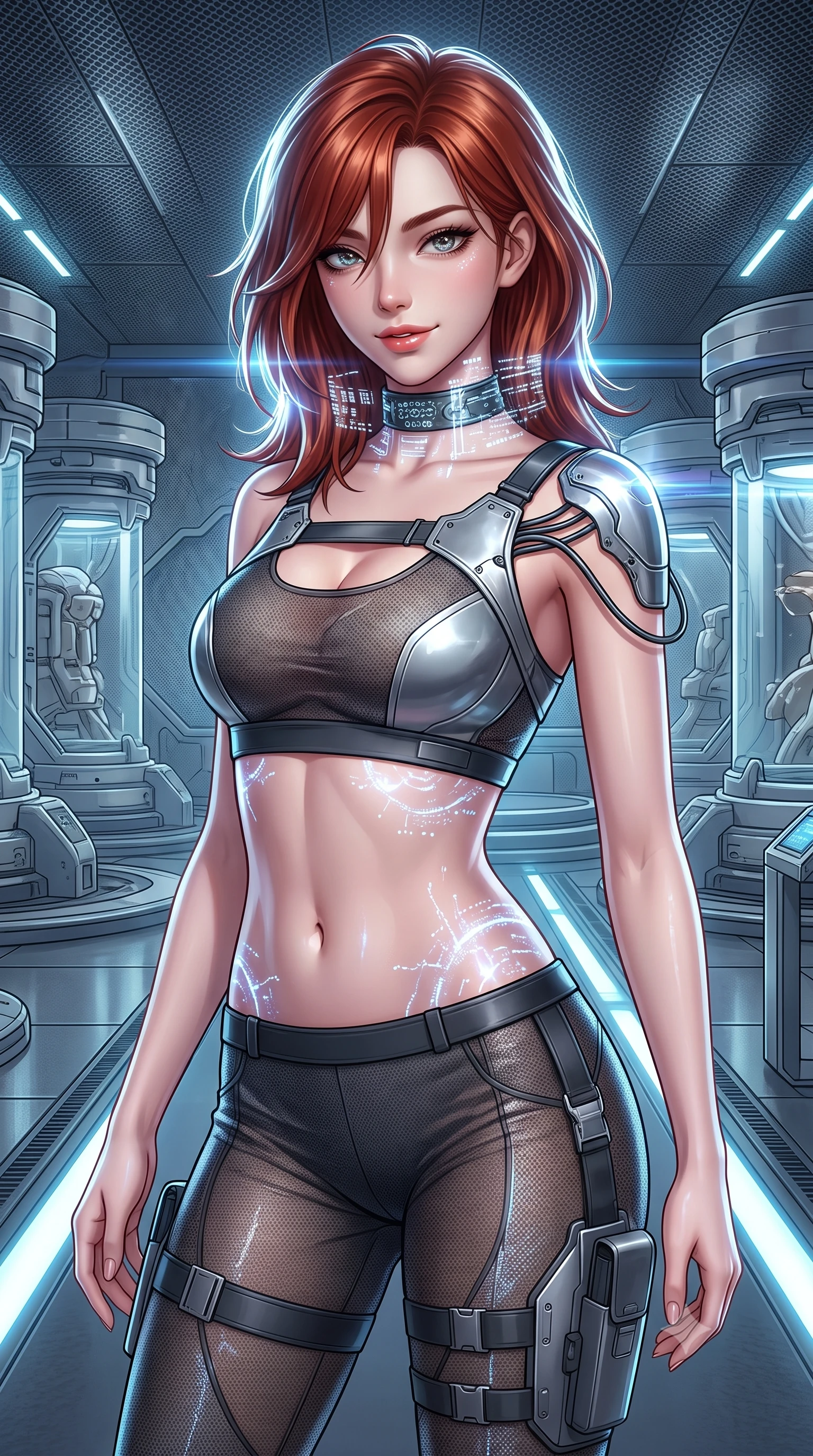 score_9, masterpiece, best quality, ultra-detailed, high-budget anime keyframe, semi-realistic 3D game render, editorial fashion photography, tasteful artistic composition, Korean woman. close-up cowboy shot from the waist and thighs up, the character dominates the composition, filling the frame with her large presence. turning slowly with a smoldering smile, her sleek hair catching the cockpit HUD rim light as her hips angle gracefully in a captivating contrapposto while twisting her slender torso in an alluring S-curve, pulsing synaptic data pulses illuminating her flat midriff and rounded feminine hips. The surrounding environment is rendered in vivid detail and crisp panoramic clarity: detailed nano-mesh catsuit weave, synaptic glow reflections on skin, and futuristic research facility architecture in high resolution. She has an exceptionally elegant, slender, and willowy female figure with an ultra-slim waist, flat toned midriff, narrow ribcage, and sculpted feminine hips creating an alluring, slim hourglass silhouette without bulk. sharp v-shaped jawline, high-bridge nose, intricate jewel-like sparkling eyes with depth, thick eyelashes, glossy parted lips with a natural sheen, bright confident smile with an enchanting and coquettish sensual glint, exuding both youthful magnetic charm and sovereign high-tech allure, flawlessly proportioned anatomical accuracy, strict slender model proportions, natural body alignment, perfectly sculpted long slender limbs, ultra-slim waistline, clean dynamic posture without body distortion. wearing a high-tech mechanic crop top with asymmetric shoulder straps paired with ultra-fitted tactical hot-pants and thigh holsters in reflective liquid mercury and matte phantom grey, crafted from sheer technical cyber-lace reinforced with ultra-thin Kevlar threads, complemented by a high-tech holographic choker projecting miniature glyphs, the liquid-tight tailored fabric clinging flawlessly to her narrow waist and rounded feminine hips, emphasizing every millimeter of her sculpted slim hourglass curves without any bulky heaviness. illuminated by floor light strips and sharp icy-platinum rim lights defining her sculpted collarbones, ultra-slim waist, and curvy hips. highly saturated vibrant anime colors, detailed shading with soft gradients, rich glossy textures, high-contrast stereoscopic depth, volumetric dynamic lighting, master piece, 9:16 ratio