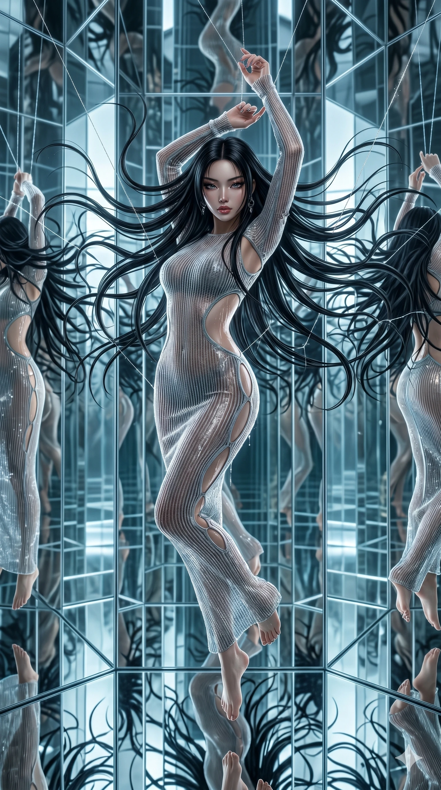 score_9, masterpiece, best quality, ultra-detailed, High-budget Anime Keyframe, East Asian woman. Dynamic full-body shot stretching the vertical silhouette to the limit. Scenario 186: Suspended by invisible silk threads in a hall of mirrors. Her presence is magnetic and overpowering in this high-budget anime scene. Outfit 186: A ribbed bodycon knit mesh with a strategic side cut-outs and wet-look texture. The clothing is designed to emphasize her exceptionally tall and slender 8-heads proportion. 8-heads proportion, towering silhouette, ultra-slim waist. sharp v-shaped jawline, intricate jewel-like eyes with depth, thick eyelashes, glossy lips. 2k, ultra detail, master piece, 9:16 ratio