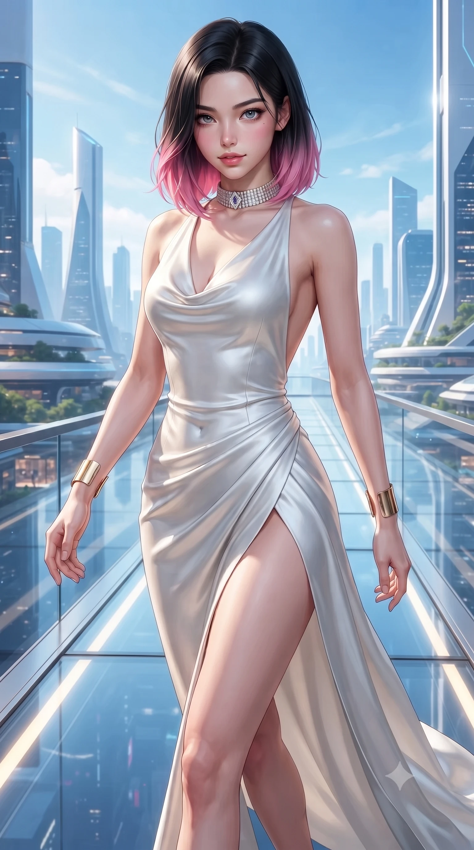 score_9, masterpiece, best quality, ultra-detailed, high-budget anime keyframe, editorial fashion photography, tasteful artistic composition, Korean woman. close-up cowboy shot from the waist and thighs up, the character dominates the composition, filling the frame with her large presence. leaning forward with playful, captivating grace, her sculpted collarbones and slender neckline highlighted by directional light while striding along the illuminated glass deck with effortless high-fashion authority and statuesque poise. The surrounding environment is rendered in vivid detail and crisp panoramic clarity. sleek modern luxury chiaroscuro and futuristic skyline elegance rendered with environmental precision. She has an exceptionally elegant, slender, and willowy female figure with an ultra-slim waist, a gracefully sculpted slender torso, toned flat midriff, and a refined slim silhouette. sharp v-shaped jawline, high-bridge nose, intricate jewel-like eyes with depth, thick eyelashes, glossy lips with a natural sheen, captivating and magnetic expression, flawlessly proportioned anatomical accuracy, strict slender model proportions, natural body alignment, perfectly sculpted long slender limbs, ultra-slim waistline, clean dynamic posture without body distortion. wearing an opulent backless cowl-neck evening gown with a high-cut thigh slit and draped waistline in pristine arctic white and metallic silver, tailored from fluid silk crepe with delicate inner corsetry boning, accessorized with a bold diamond choker and minimalist gold cuffs, the form-contouring material adhering flawlessly to her sculpted flat midriff and slender torso, emphasizing her long leg lines and perfectly proportioned willowy build. illuminated by crisp directional edge lights sharply sculpting her slender waist and long slender legs. ultra-reflective glossy finish, specular highlights, rich textural contrasts, high-contrast stereoscopic depth, volumetric dynamic lighting, 2k, ultra detail, master piece, 9:16 ratio