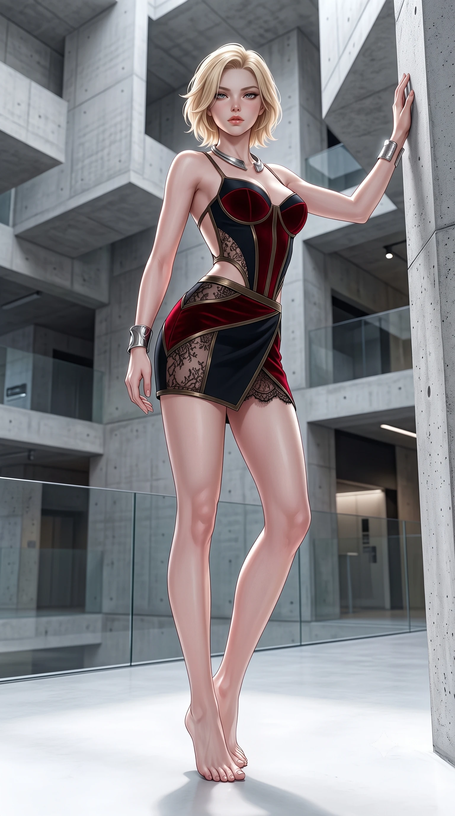 score_9, masterpiece, best quality, ultra-detailed, high-budget anime keyframe, semi-realistic 3D game render, editorial fashion photography, tasteful artistic composition, Caucasian woman. low angle full-body shot from head to toe showing her feet, filling the entire 9:16 vertical frame with her statuesque presence, stretching her vertical silhouette. standing tall beside the architectural column, one hand resting high while arching her lower back to emphasize her sculpted feminine hips and slender waist while standing centered in the monumental exposed concrete atrium, arching her back with sculptural supermodel presence and razor-sharp gaze. The surrounding environment is rendered in vivid detail and crisp panoramic clarity: detailed architectural dress cutout lines, glossy lip sheen, and Swiss contemporary architecture in razor-sharp precision. She has an absolutely perfect, statuesque 8.5-heads proportion, an exceptionally tall and slender model-like female figure with impossibly long slender legs, an ultra-slim waist, a flat toned midriff, narrow delicate ribcage, and beautifully sculpted feminine hips creating a graceful, slim hourglass silhouette without any bulky heaviness. sharp v-shaped jawline, high-bridge nose, sparkling eyes with hypnotic seductive depth, thick curled eyelashes, glossy parted lips with a natural dewy peach sheen, alluring bedroom-eyes with an enchanting coquettish smile, exuding magnetic siren charisma and sophisticated glamour, flawlessly proportioned anatomical accuracy, strict slender model proportions, natural body alignment, perfectly sculpted long slender limbs, ultra-slim waistline, clean dynamic posture without body distortion. wearing a structured strapless boned neoprene bustier top paired with an ultra-short architectural wrap mini skirt in deep blood-red velvet and midnight obsidian black with antique bronze trims, made of delicate semi-sheer French Chantilly lace with intricate eyelash edges, finished with a sculptural silver torque collar and a matching wide architectural wrist cuff, the precision-cut side openings and low-back scoop framing her graceful spine and the sensual sweep of her slim, toned hips. illuminated by white floor bounce fill and sharp platinum rim lights sculpting her razor-sharp jawline, narrow waist, and curvy hips. highly saturated vibrant anime colors, detailed shading with soft gradients, rich glossy textures, high-contrast stereoscopic depth, volumetric dynamic lighting, master piece, 9:16 ratio