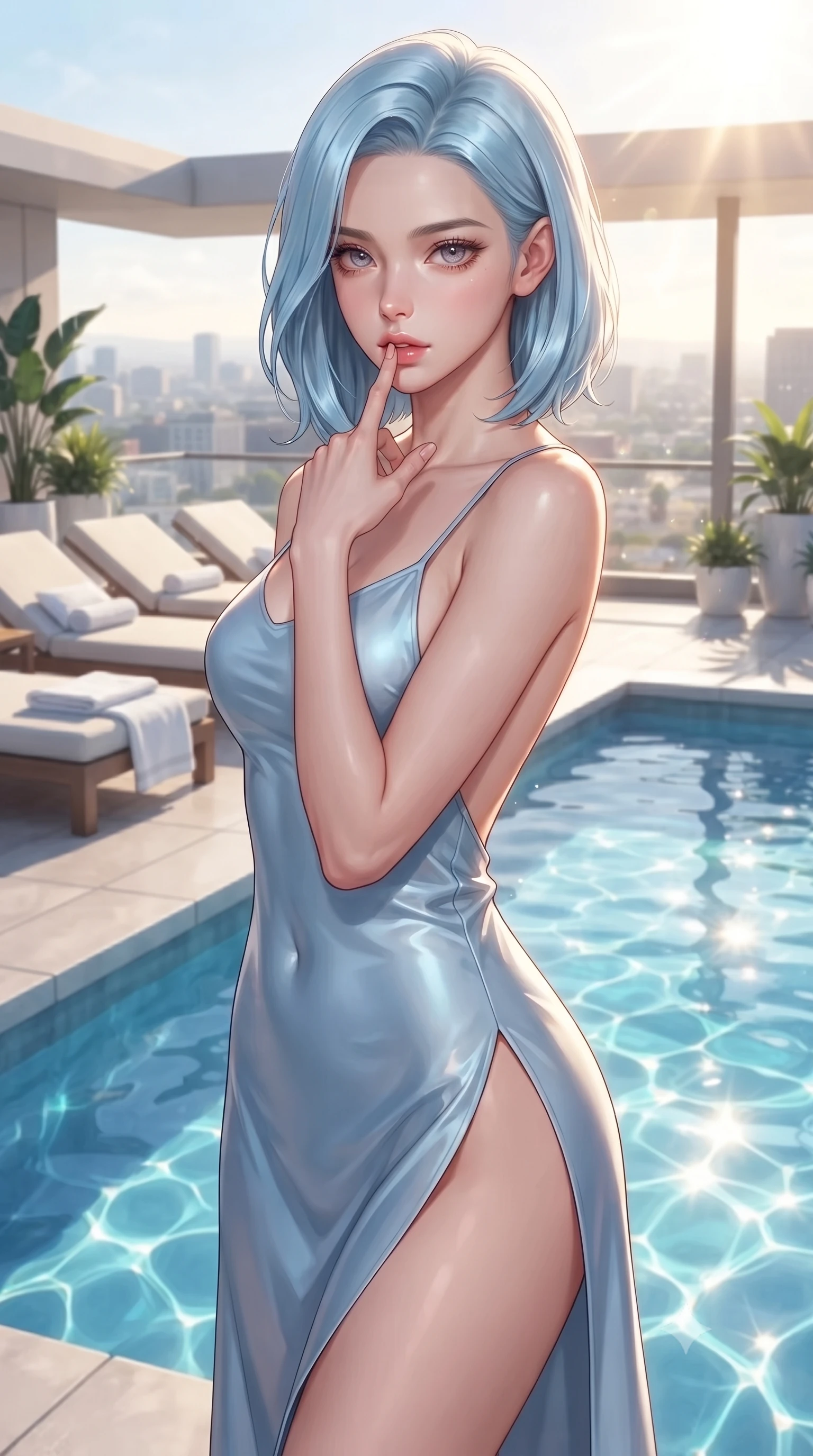 score_9, masterpiece, best quality, ultra-detailed, high-budget anime keyframe, editorial fashion photography, tasteful artistic composition, Korean woman woman. close-up cowboy shot from the waist and thighs up, the character dominates the composition, filling the frame with her large presence, background elements kept in soft focus. pressing one finger to her bottom lip in a thoughtful, seductive gesture under the warm sun the background shows a soft-focus a private rooftop pool with sunbeds and white towels, looking out at the city. She has an exceptionally elegant, slender, and willowy female figure with an ultra-slim waist, a gracefully sculpted slender torso, and a refined silhouette. sharp v-shaped jawline, high-bridge nose, intricate jewel-like eyes with depth, thick eyelashes, glossy lips with a natural sheen. wearing a tailored lightweight silk slip dress in baby blue with a high side slit and a low-cut back. bright afternoon sunbeams creating shimmering patterns in the blue pool water. ultra-reflective glossy finish, specular highlights, metallic sheen, high-contrast stereoscopic depth, volumetric dynamic lighting, 2k, ultra detail, master piece, 9:16 ratio