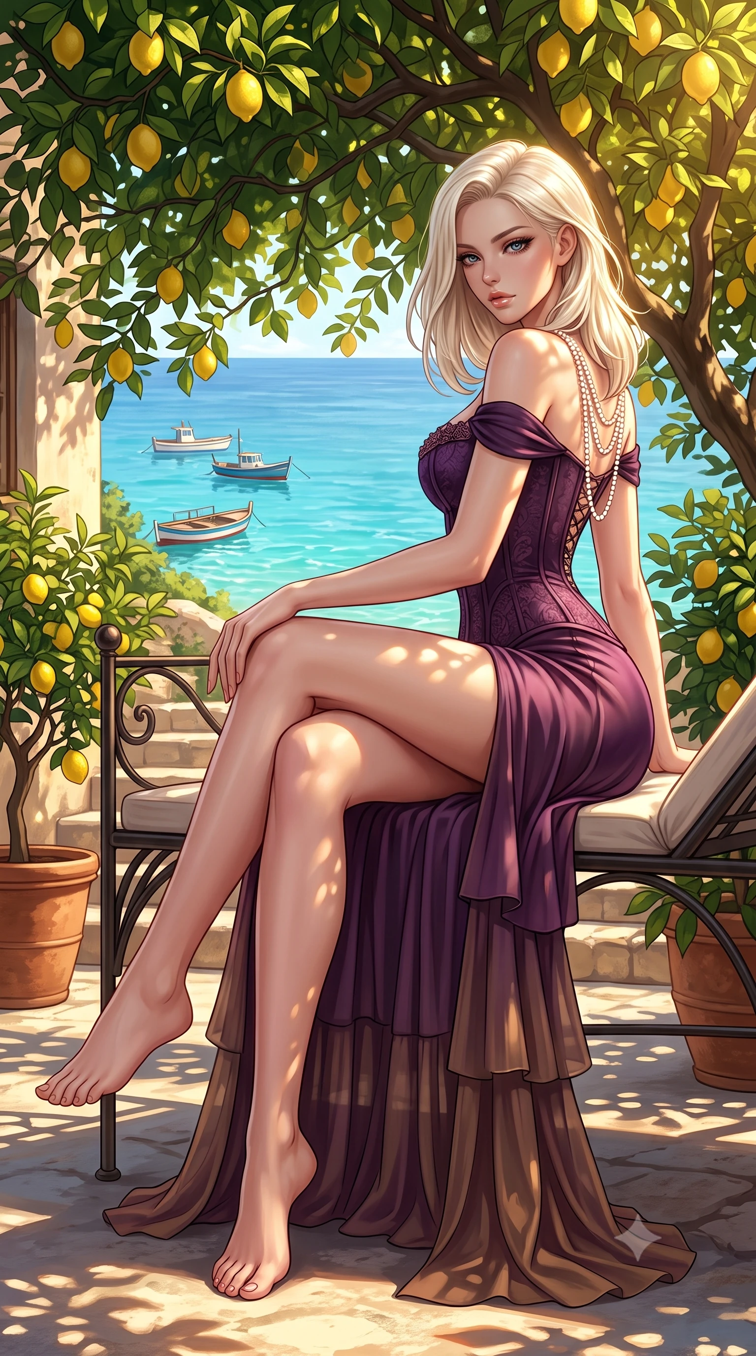 score_9, masterpiece, best quality, ultra-detailed, high-budget anime keyframe, semi-realistic 3D game render, editorial fashion photography, tasteful artistic composition, Caucasian woman. low angle full-body shot from head to toe showing her feet, filling the entire 9:16 vertical frame with her statuesque presence, stretching her vertical silhouette. sitting perched on the elevated edge with hips angled toward the camera and legs crossed, displaying her toned midriff and flawlessly sculpted slender limbs while reclining languidly across a wrought-iron sunbed under the leafy lemon canopy, her long slender legs and feminine curves bathed in dappled golden light. The surrounding environment is rendered in vivid detail and crisp panoramic clarity. detailed linen sundress weave, sun-dappled skin highlights, and distant fishing boat clarity in high resolution. She has an exceptionally tall and slender model-like 8.5-heads proportion, an ultra-slim waist, a flat toned midriff, narrow delicate ribcage, and beautifully sculpted feminine hips creating a graceful, slim hourglass silhouette without any bulky heaviness, with impossibly long slender legs. sharp v-shaped jawline, high-bridge nose, intricate jewel-like eyes with depth, thick eyelashes, glossy parted lips with a natural sheen, intensely captivating and seductive bedroom-eyes expression, flawlessly proportioned anatomical accuracy, strict slender model proportions, natural body alignment, perfectly sculpted long slender limbs, ultra-slim waistline, clean dynamic posture without body distortion. wearing an off-shoulder French court corset bodice dress paired with a tiered translucent chiffon slit skirt in deep plum violet and antique bronze, tailored from second-skin aerodynamic stretch vinyl with specular wet sheen, accented with a multi-strand pearl back necklace cascading down her bare spine to her hips, the liquid-tight tailored fabric clinging flawlessly to her narrow waist and rounded feminine hips, emphasizing every millimeter of her sculpted slim hourglass curves without any bulky heaviness. bathed in brilliant Mediterranean golden hour sunlight dappled through lush lemon tree leaves. highly saturated vibrant anime colors, detailed shading with soft gradients, rich glossy textures, high-contrast stereoscopic depth, volumetric dynamic lighting, master piece, 9:16 ratio