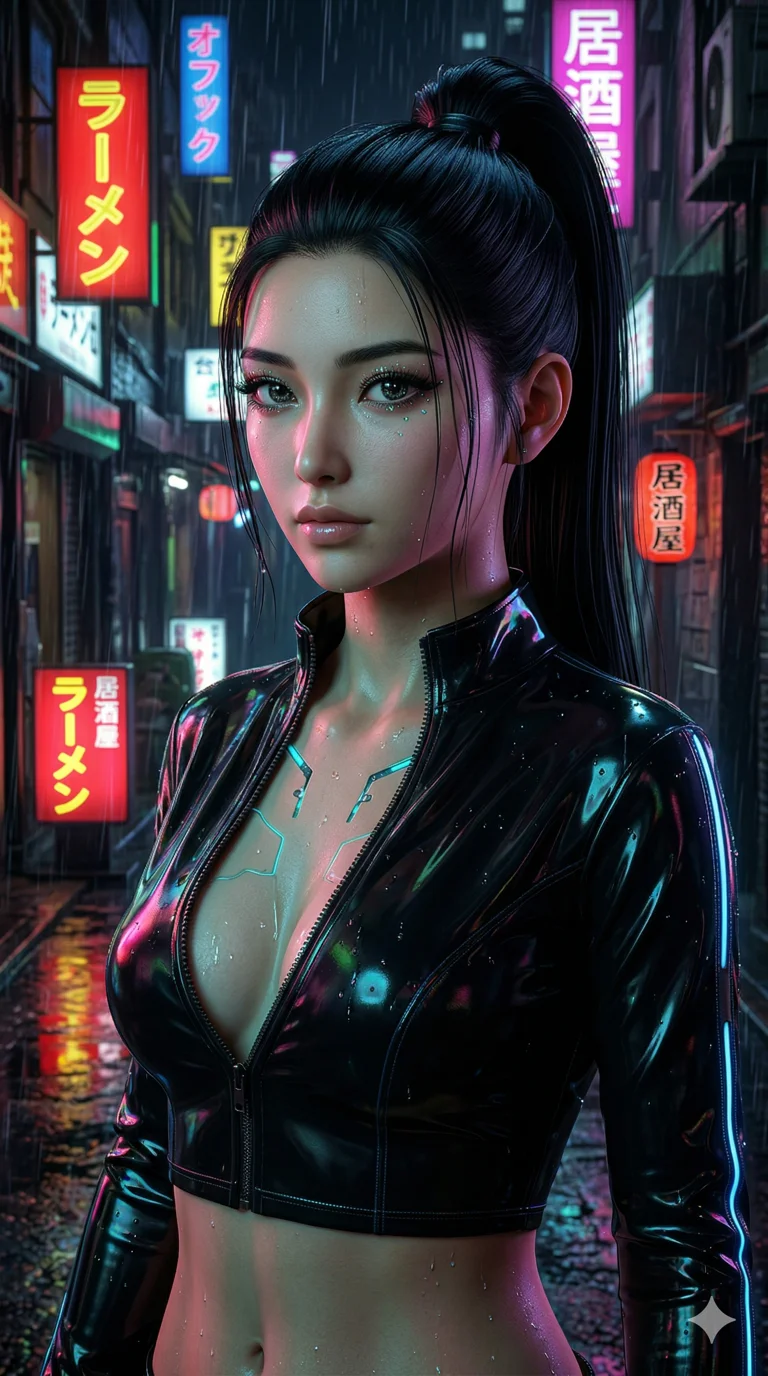 score_9, masterpiece, best quality, ultra-detailed, highly detailed CG unity 8k render, an incredibly beautiful Japanese woman. Medium shot of upper body filling more than half of the frame. She has an absolutely cute and compact proportion, a petite female figure with a slim-fit toned body. Her face is a highly detailed masterpiece featuring a v-shaped jawline, high-bridge nose, intricate jewel-like eyes, thick eyelashes, and glossy lips. She has sleek raven black hair styled in a high ponytail. She is wearing a skin-tight glossy latex cybernetic crop jacket unzipped deeply, cleavage visible with glowing cyan implants, highlighting her alluring silhouette. Rainy neon-lit Tokyo alleyway, neon reflections on her wet skin, dramatic cinematic shadows, 2k, ultra detail, master piece, 9:16 ratio