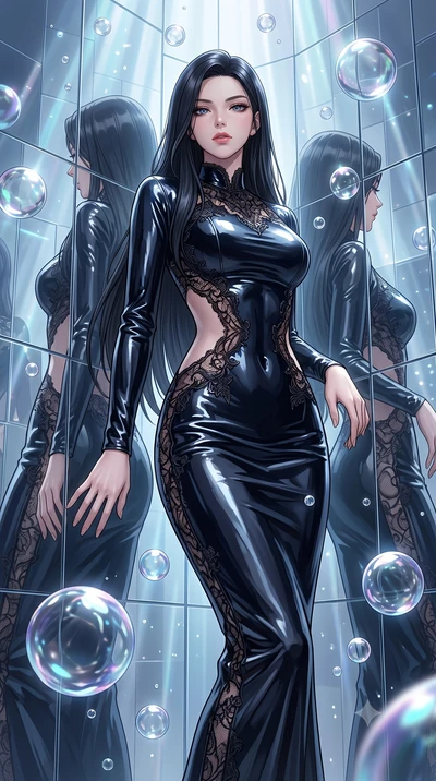score_9, masterpiece, best quality, ultra-detailed, High-budget Anime Keyframe, East Asian woman. Low angle cowboy shot filling the entire 9:16 frame with her statuesque presence. Scenario 304: leaning back against a wall of virtual mirrors in a zero