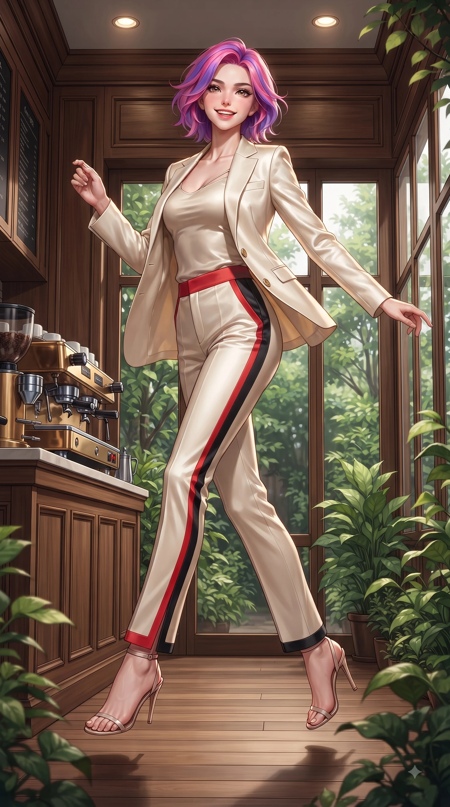 score_9, masterpiece, best quality, ultra-detailed, high-budget anime keyframe, editorial fashion photography, tasteful artistic composition, Caucasian woman. low angle full-body shot from head to toe showing her feet, filling the entire 9:16 vertical frame with her statuesque presence, stretching her vertical silhouette. leaping with pure youthful energy through the scene with a radiant bright smile, her long slender legs balanced gracefully while pivoting gracefully on a secluded wooden cafe terrace enveloped by green garden foliage. The surrounding environment is rendered in vivid detail and crisp panoramic clarity. rich oak wood wall paneling, brass coffee machines, and glass window views in sharp resolution. She has an absolutely perfect, statuesque 8.5-heads proportion, an exceptionally tall and slender model-like female figure with impossibly long slender legs and an ultra-slim waist. sharp v-shaped jawline, high-bridge nose, intricate jewel-like eyes with depth, thick eyelashes, glossy lips with a natural sheen, flawlessly proportioned anatomical accuracy, natural body alignment, perfectly sculpted elegant limbs, clean dynamic posture without body distortion. wearing a tailored cream silk blazer over a fitted scoop-neck camisole and slacks in vibrant scarlet red and sleek black trim, crafted from smooth liquid silk satin, accented with a Tasteful chest slit framing her clavicle gracefully, the elegant draped fit framing her graceful clavicle and slender torso. surrounded by a cozy, intimate, and relaxing cafe atmosphere. ultra-reflective glossy finish, specular highlights, metallic sheen, high-contrast stereoscopic depth, volumetric dynamic lighting, 2k, ultra detail, master piece, 9:16 ratio