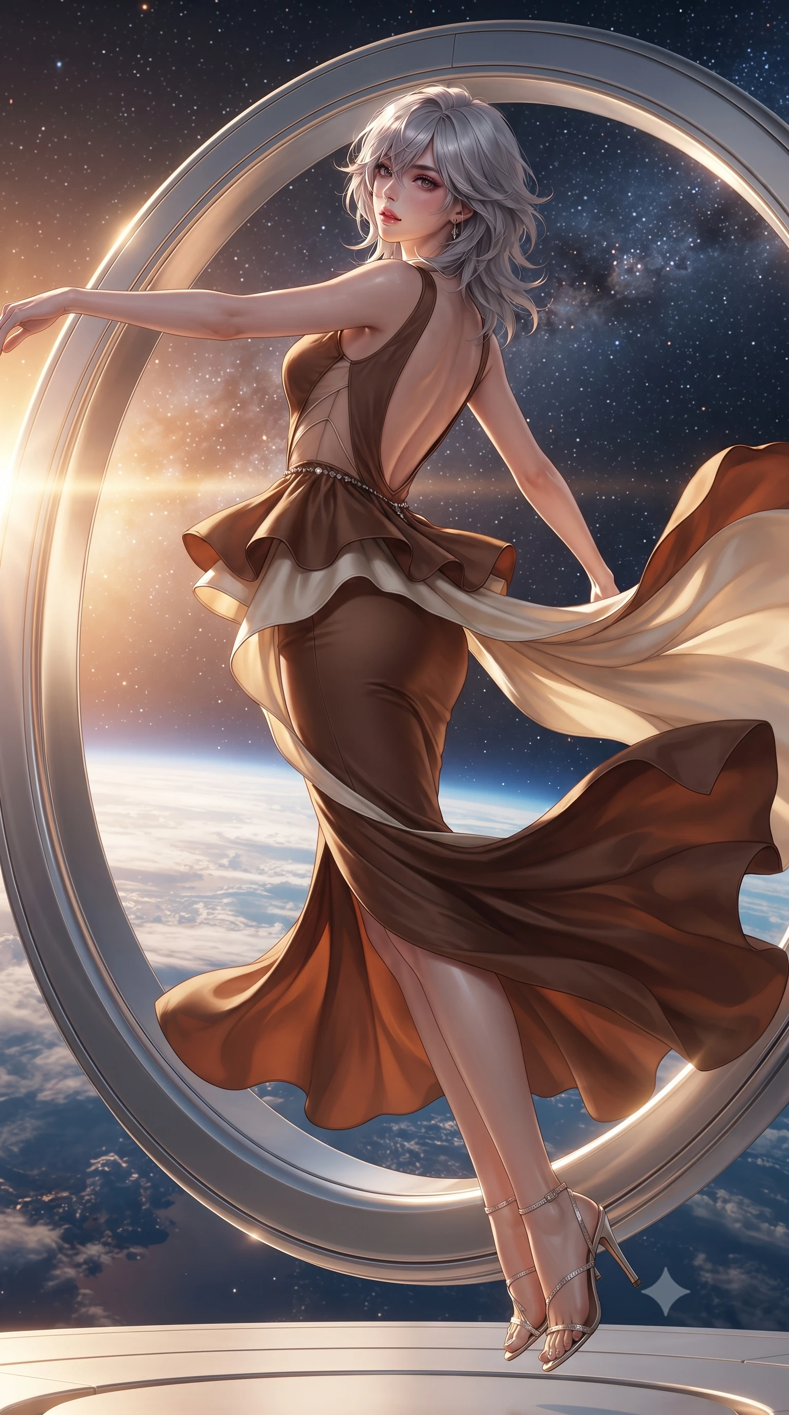 score_9, masterpiece, best quality, ultra-detailed, high-budget anime keyframe, editorial fashion photography, tasteful artistic composition, Japanese woman. low angle full-body shot from head to toe showing her feet, filling the entire 9:16 vertical frame with her statuesque presence, stretching her vertical silhouette. executing an elegant mid-motion pivot turn as garments swirl around her slender limbs, glancing over her shoulder with an intoxicating bedroom-gaze while floating weightlessly beside an architectural titanium lounge ring, arching her spine in a fluid, dancer-like line as orbital sunrise floods her silhouette. The surrounding environment is rendered in vivid detail and crisp panoramic clarity. detailed aerodynamic space fabric sheen, Earth cloud filament clarity, and starlight reflections in high resolution. She has an exceptionally tall and slender model-like 8.5-heads proportion, an ultra-slim waist, a flat toned midriff, narrow delicate ribcage, and beautifully sculpted feminine hips creating a graceful, slim hourglass silhouette without any bulky heaviness, with impossibly long slender legs. sharp v-shaped jawline, high-bridge nose, intricate jewel-like eyes with depth, thick eyelashes, glossy parted lips with a natural sheen, intensely captivating and seductive bedroom-eyes expression, flawlessly proportioned anatomical accuracy, strict slender model proportions, natural body alignment, perfectly sculpted long slender limbs, ultra-slim waistline, clean dynamic posture without body distortion. wearing a structural geometric peplum gown with sheer side-ribbon cutouts and form-fitting skirt in rich equestrian cognac brown and crisp champagne cream, made of fluid silk crepe with delicate inner corsetry boning, accented with a dainty diamond waist chain catching the ambient light reflections, the dramatically scooped open back descending to the base of her spine, accentuating her razor-sharp statuesque lines and slim hourglass silhouette. illuminated by sleek metallic specular reflections sharply defining her bare collarbones, ultra-slim waist, and curvy hips. ultra-reflective glossy finish, specular highlights, rich textural contrasts, high-contrast stereoscopic depth, volumetric dynamic lighting, 2k, ultra detail, master piece, 9:16 ratio