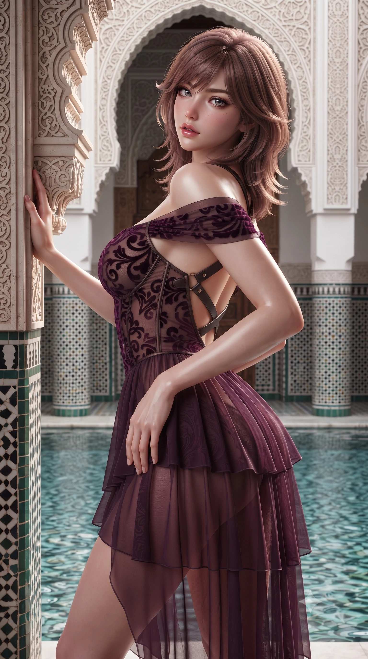 score_9, masterpiece, best quality, ultra-detailed, high-budget anime keyframe, semi-realistic 3D game render, editorial fashion photography, tasteful artistic composition, Korean woman. close-up cowboy shot from the waist and thighs up, the character dominates the composition, filling the frame with her large presence. arching her spine backward with effortless dancer poise, one hand sliding along her hip line as directional light carves specular highlights along her silhouette while leaning against an intricately carved stucco archway with hips cocked back, looking over her shoulder with an alluring, sultry Andalusian gaze. The surrounding environment is rendered in vivid detail and crisp panoramic clarity. sharp geometric zellige tilework, intricate plaster arabesques, and pool water surface tension in deep focus. She has an exceptionally elegant, slender, and willowy female figure with an ultra-slim waist, flat toned midriff, narrow ribcage, and sculpted feminine hips creating an alluring, slim hourglass silhouette without bulk. sharp v-shaped jawline, high-bridge nose, intricate jewel-like eyes with depth, thick eyelashes, glossy parted lips with a natural sheen, intensely captivating and seductive bedroom-eyes expression, flawlessly proportioned anatomical accuracy, strict slender model proportions, natural body alignment, perfectly sculpted long slender limbs, ultra-slim waistline, clean dynamic posture without body distortion. wearing an off-shoulder French court corset bodice dress paired with a tiered translucent chiffon slit skirt in deep plum violet and antique bronze, made of sheer contouring power-mesh with velvet flocking patterns, featuring an open-back criss-cross harness strap in dark leather, the form-contouring material adhering flawlessly to her sculpted flat midriff and slender torso, emphasizing her long leg lines and perfectly proportioned willowy build. illuminated by soft specular water reflections sharply sculpting her razor-sharp jawline, narrow waist, and curvy hips. highly saturated vibrant anime colors, detailed shading with soft gradients, rich glossy textures, high-contrast stereoscopic depth, volumetric dynamic lighting, master piece, 9:16 ratio