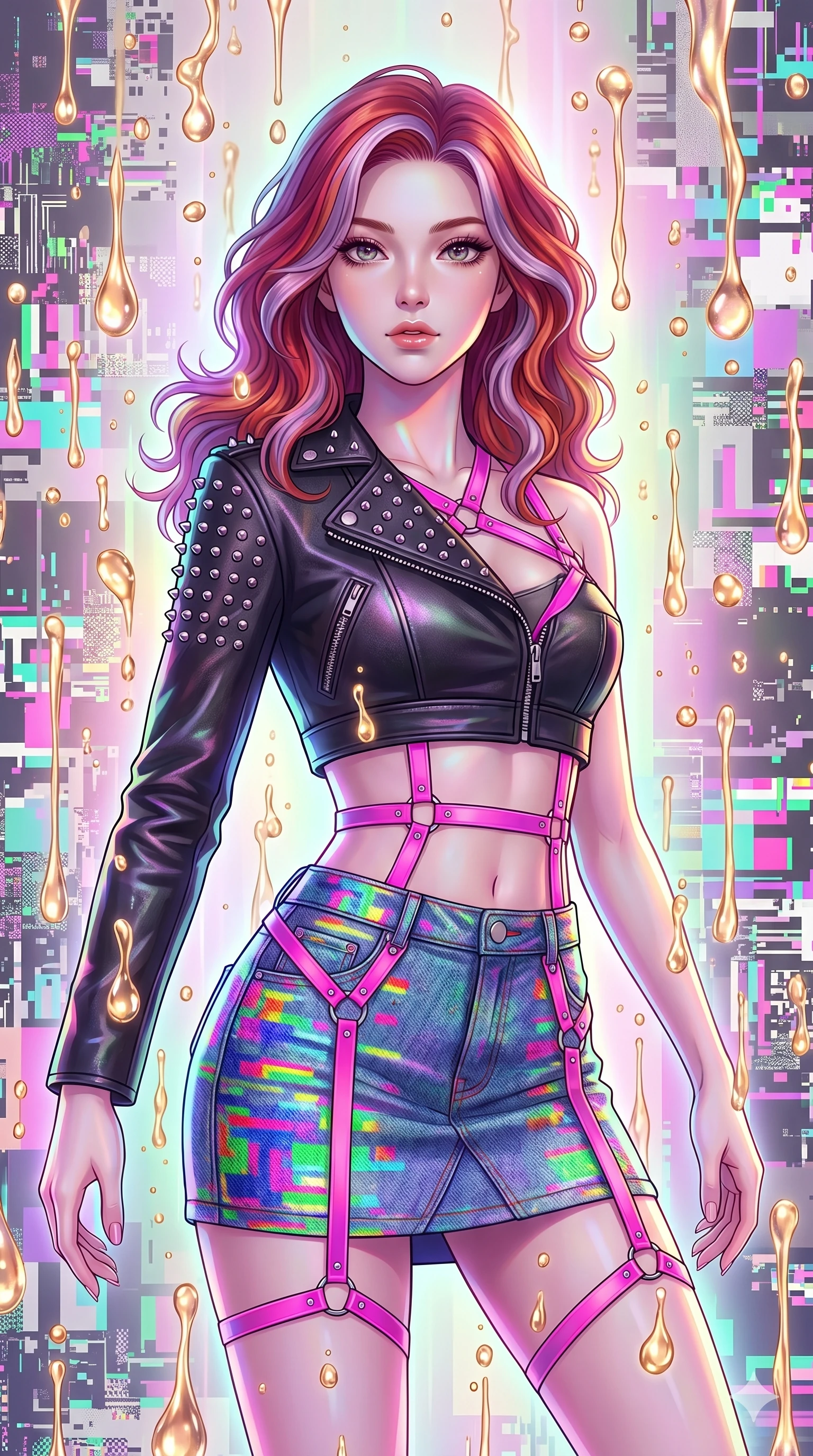 score_9, masterpiece, best quality, ultra-detailed, high-budget anime keyframe, Caucasian woman, strictly human ears. upper body close-up from the thighs up, character filling the screen for maximum presence. dodging ethereal liquid gold rain that rises upward from the ground in warm shimmering droplets under an inverted gravity field. She has an absolutely perfect 8-heads proportion, an exceptionally tall and slender female figure with impossibly long slender legs and an ultra-slim waist. V-shaped jawline, high-bridge nose, intricate jewel-like eyes with depth, thick eyelashes, glossy lips with a natural sheen.. wearing a glitch denim and studded leather outfit, featuring an RGB glitch pattern denim structured mini skirt, a single-sleeve cropped leather jacket, and neon pink harness straps. enhanced by a luminous pastel spectrum glow, casting elegant rim lights on her shoulders and jawline. 2k, ultra detail, master piece, 9:16 ratio