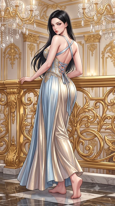 score_9, masterpiece, best quality, ultra-detailed, high-budget anime keyframe, semi-realistic 3D game render, editorial fashion photography, tasteful artistic composition, Korean woman. low angle full-body shot from head to toe showing her feet, fil