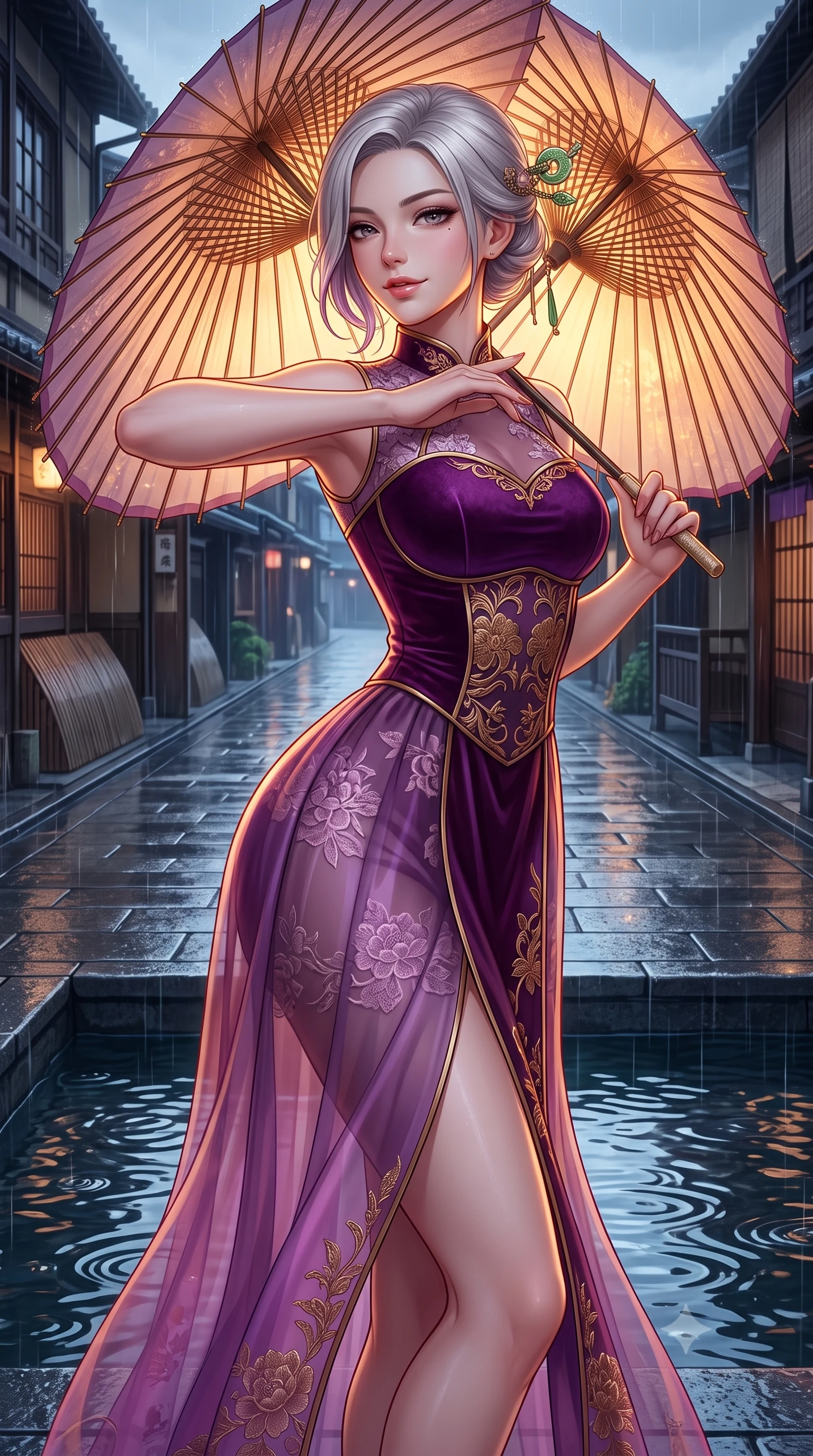 score_9, masterpiece, best quality, ultra-detailed, high-budget anime keyframe, semi-realistic 3D game render, editorial fashion photography, tasteful artistic composition, Caucasian woman. close-up cowboy shot from the waist and thighs up, the character dominates the composition, filling the frame with her large presence. tilting her head with an alluring smile while arching her spine with dancer poise, one hand touching her ornate jade hairpin in a flirtatious S-curve while holding an illuminated paper wagasa umbrella with one hand while turning gracefully, her long slender legs and curves accentuated by lantern reflections. The surrounding environment is rendered in vivid detail and crisp panoramic clarity: detailed brocade fabric weave, rain-kissed pavement sheen, and traditional Kyoto street architecture in razor-sharp clarity. She has an exceptionally elegant, slender, and willowy female figure with an ultra-slim waist, flat toned midriff, narrow ribcage, and sculpted feminine hips creating an alluring, slim hourglass silhouette without bulk. sharp v-shaped jawline, high-bridge nose, intricate jewel-like dark sparkling almond eyes with depth, thick lashes, glossy parted lips with a natural rose-plum sheen, bright alluring and coquettish smile with bedroom-eyes, exuding both timeless oriental elegance and sovereign high-fashion allure, flawlessly proportioned anatomical accuracy, strict slender model proportions, natural body alignment, perfectly sculpted long slender limbs, ultra-slim waistline, clean dynamic posture without body distortion. wearing a modern fusion hanbok dress with a structured velvet bodice and cascading sheer ombre organza skirt with front slit in rich plum violet and gilded bronze embroidery, woven from delicate semi-opaque floral lace with oriental peony patterns, featuring a modern sculptural jade hair pin securing her loose silky updo, the liquid-tight tailored silk fabric clinging flawlessly to her narrow waist and rounded feminine hips, emphasizing every millimeter of her sculpted slim hourglass curves without any bulky heaviness. illuminated by rippling canal water reflections and sharp amber rim lighting sculpting her razor-sharp jawline, narrow waist, and curvy hips. highly saturated vibrant anime colors, detailed shading with soft gradients, rich glossy textures, high-contrast stereoscopic depth, volumetric dynamic lighting, master piece, 9:16 ratio
