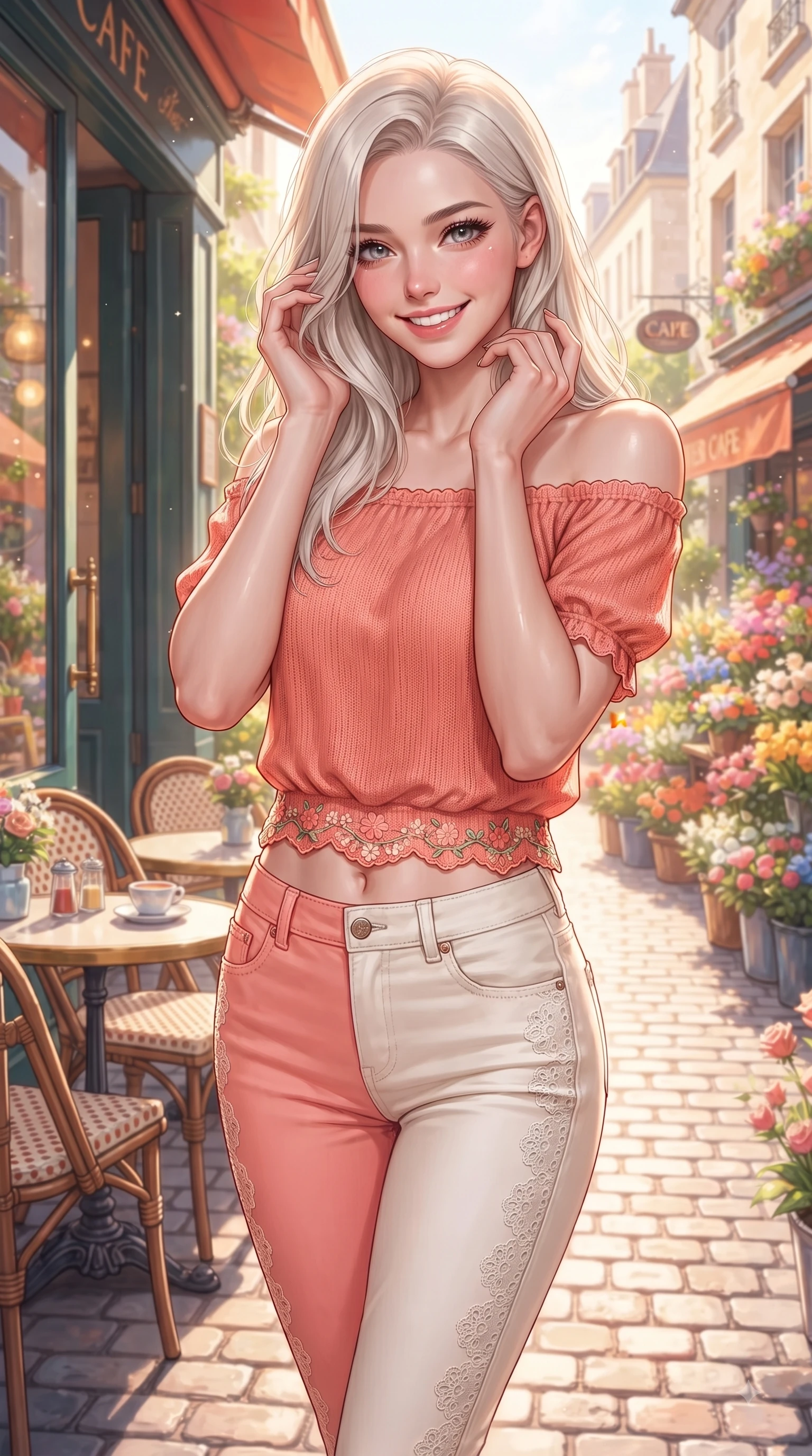 score_9, masterpiece, best quality, ultra-detailed, high-budget anime keyframe, editorial fashion photography, tasteful artistic composition, Caucasian woman. close-up cowboy shot from the waist and thighs up, the character dominates the composition, filling the frame with her large presence. Radiant youthful grin reflecting girlhood charm while casting a playful, joyful side-gaze with heavy lashes while resting near a sun-drenched cafe entrance while looking at the camera with a warm, sweet expression. The surrounding environment is rendered in vivid detail and crisp panoramic clarity. vibrant European-style flower boutiques, cobblestone paths, and detailed outdoor cafe seating under clear morning sun. She has an exceptionally elegant, slender, and willowy female figure with an ultra-slim waist, a gracefully sculpted slender torso, and a refined silhouette. sharp v-shaped jawline, high-bridge nose, intricate jewel-like eyes with depth, thick eyelashes, glossy lips with a natural sheen, flawlessly proportioned anatomical accuracy, natural body alignment, perfectly sculpted elegant limbs, clean dynamic posture without body distortion. wearing a stylish off-shoulder coral knit top with slim-fit white stretch denim pants in warm coral pink and champagne ivory, woven with delicate eyelet lace and soft cotton, complemented by delicate embroidered floral trim along the hem, the relaxed yet flattering fit accentuating her naturally graceful and slender figure. bathed in brilliant morning sunshine and warm pastel flower shop ambient glow. ultra-reflective glossy finish, specular highlights, metallic sheen, high-contrast stereoscopic depth, volumetric dynamic lighting, 2k, ultra detail, master piece, 9:16 ratio