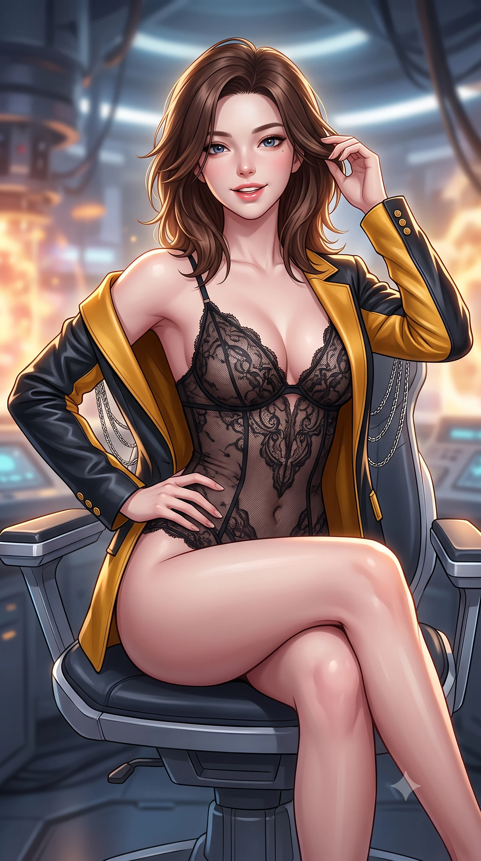 score_9, masterpiece, best quality, ultra-detailed, high-budget anime keyframe, semi-realistic 3D game render, editorial fashion photography, tasteful artistic composition, Korean woman. close-up cowboy shot from the waist and thighs up, the character dominates the composition, filling the frame with her large presence. twisting her slender torso in an alluring contrapposto stance, one hand resting on her sculpted hip while her fingers toy with her hair with effortless poise while sitting gracefully on the ergonomic control chair with legs crossed, flashing a playful, coquettish smile with parted glossy lips. The background shows a soft-focus plasma heat haze softened in futuristic quantum fusion facility shallow focus. She has an exceptionally elegant, slender, and willowy female figure with an ultra-slim waist, flat toned midriff, narrow ribcage, and sculpted feminine hips creating an alluring, slim hourglass silhouette without bulk. sharp v-shaped jawline, high-bridge nose, intricate jewel-like sparkling eyes with depth, thick eyelashes, glossy parted lips with a natural peach sheen, bright cheerful beaming smile with an enchanting and coquettish sensual glint, exuding both youthful cute charm and seductive allure, flawlessly proportioned anatomical accuracy, strict slender model proportions, natural body alignment, perfectly sculpted long slender limbs, ultra-slim waistline, clean dynamic posture without body distortion. wearing a delicate sheer French Chantilly lace teddy layered under an open tailored tactical combat blazer draped over bare shoulders in solar-wind gold and deep space void black, woven from buttery-soft stretch lambskin leather adhering to her body like a second skin, accented with an open-back drape framed by falling strands of delicate chrome chains, the liquid-tight tailored fabric clinging flawlessly to her narrow waist and rounded feminine hips, emphasizing every millimeter of her sculpted slim hourglass curves without any bulky heaviness. illuminated by gantry reflection bounce and sharp sunburst-gold rim lights defining her jawline, narrow waist, and curvy hips. highly saturated vibrant anime colors, detailed shading with soft gradients, rich glossy textures, high-contrast stereoscopic depth, volumetric dynamic lighting, master piece, 9:16 ratio