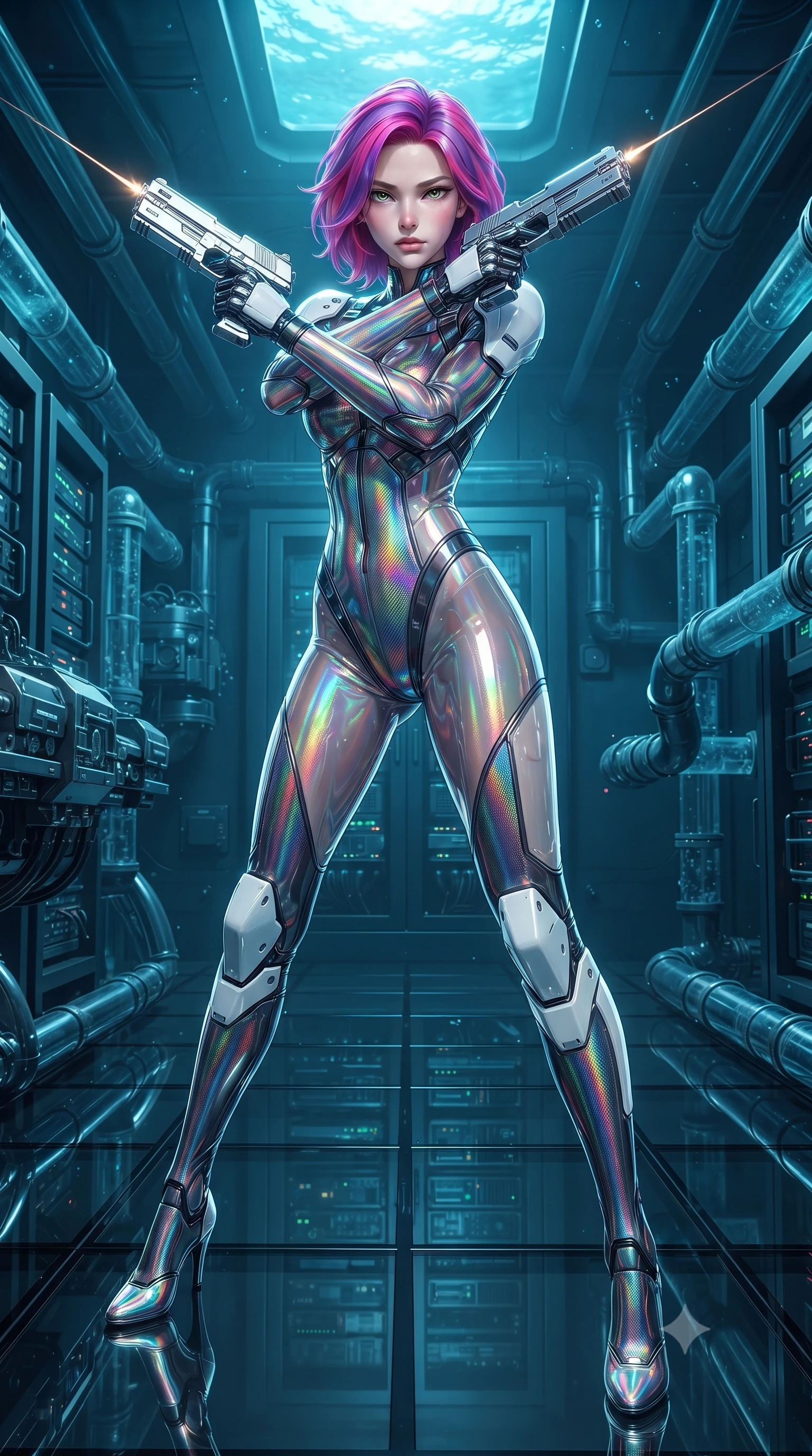score_9, masterpiece, best quality, ultra-detailed, high-budget anime keyframe, editorial fashion photography, tasteful artistic composition, Caucasian woman. low angle full-body shot from head to toe showing her feet, filling the entire 9:16 vertical frame with her statuesque presence, stretching her vertical silhouette. performing an alluring mid-air combat landing with flawless poise, looking directly into the camera with regal, deadly intensity while landing gracefully on the black glass floor of a submerged underwater vault while crossing twin chrome particle pistols in tactical poise. The surrounding environment is rendered in vivid detail and crisp panoramic clarity. sharp chrome pistol slide details, laser targeting beam emitter points, and server glass reflections in deep focus. She has an absolutely perfect, statuesque 8.5-heads proportion, an exceptionally tall and slender model-like female figure with impossibly long slender legs, a toned flat midriff, and an ultra-slim waist. sharp v-shaped jawline, high-bridge nose, intricate jewel-like eyes with depth, thick eyelashes, glossy lips with a natural sheen, flawlessly proportioned anatomical accuracy, strict slender model proportions, natural body alignment, perfectly sculpted long slender limbs, ultra-slim waistline, clean dynamic posture without body distortion. wearing a high-gloss iridescent rainbow carbon-weave bodysuit with translucent cybernetic panels, brandishing dual sleek chrome particle beam pistols in a dynamic combat stance in glacial ice-cyan carbon mesh with pure white armor plates, made of lightweight aerodynamic carbon-titanium alloy with polished edge bevels, complemented by criss-cross back harness straps highlighting her completely bare spine, the form-contouring material adhering flawlessly to her sculpted flat midriff and slender torso, emphasizing her long leg lines and perfectly proportioned willowy build. illuminated by crisp white key light and sharp specular highlights tracing her slender curves. ultra-reflective glossy finish, specular highlights, dark metallic sheen, high-contrast stereoscopic depth, volumetric dynamic lighting, 2k, ultra detail, master piece, 9:16 ratio