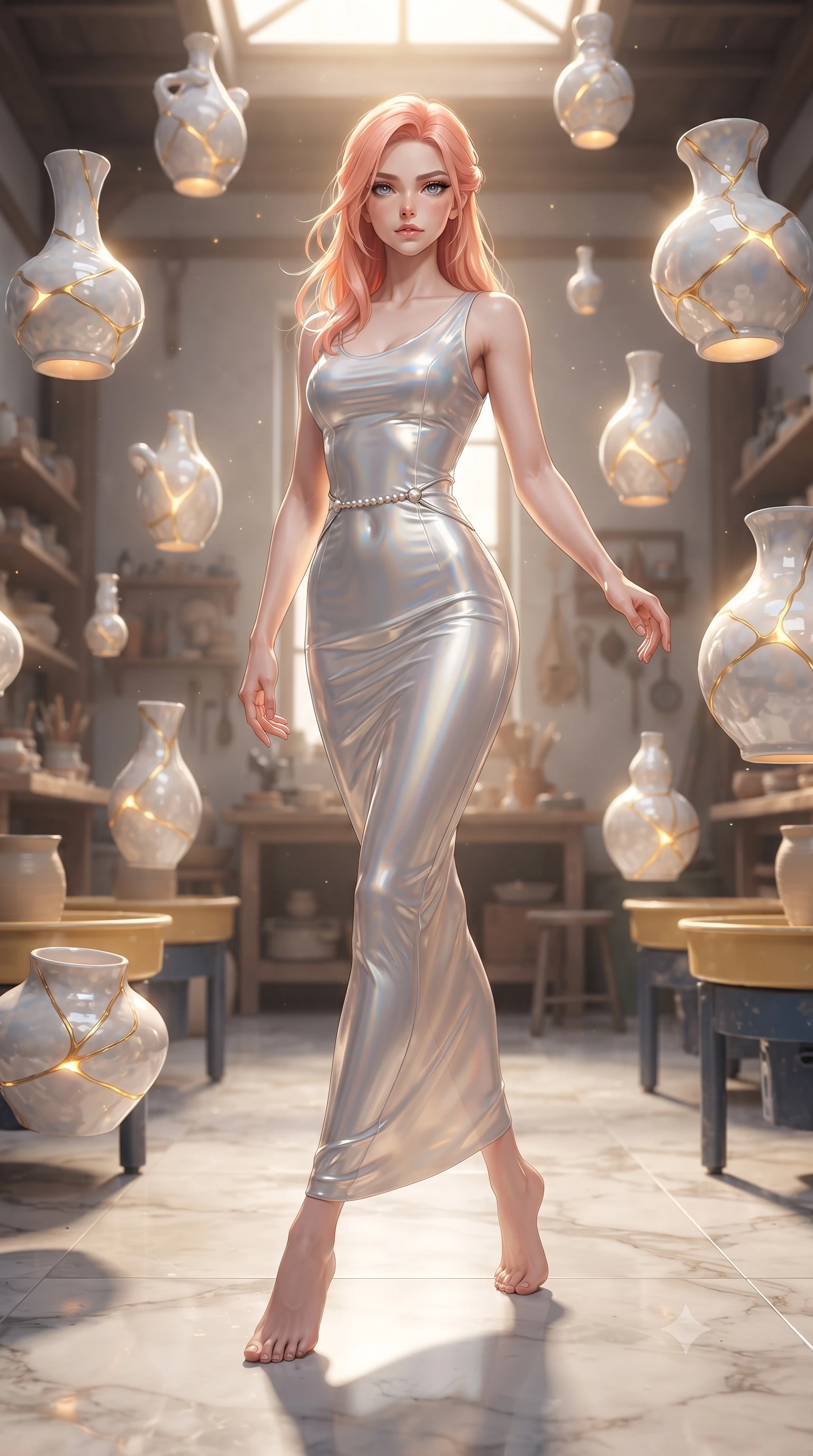 score_9, masterpiece, best quality, ultra-detailed, high-budget anime keyframe, editorial fashion photography, tasteful artistic composition, Japanese woman. low angle full-body shot from head to toe showing her feet, filling the entire 9:16 vertical frame with her statuesque presence, stretching her vertical silhouette. navigating the celestial sanctuary with an effortless, graceful stride, inside a sunlit artisan workshop filled with floating opal-glazed porcelain sculptures, glowing gold kintsugi veins radiating warm inner light from porcelain cracks. She has an absolutely perfect, statuesque 8.5-heads proportion, an exceptionally tall and slender model-like female figure with impossibly long slender legs and an ultra-slim waist. sharp v-shaped jawline, high-bridge nose, intricate jewel-like eyes with depth, thick eyelashes, glossy lips with a natural sheen. wearing second-skin iridescent hologram organza bodycon maxi dress in radiant platinum, made of liquid mercury jersey, adorned with minimalist pearl hardware framing the waistline, contouring every curve with an exceptionally elegant silhouette. lit by sharp golden key rays highlighting porcelain glaze textures. ultra-reflective glossy finish, specular highlights, metallic sheen, high-contrast stereoscopic depth, volumetric dynamic lighting, 2k, ultra detail, master piece, 9:16 ratio