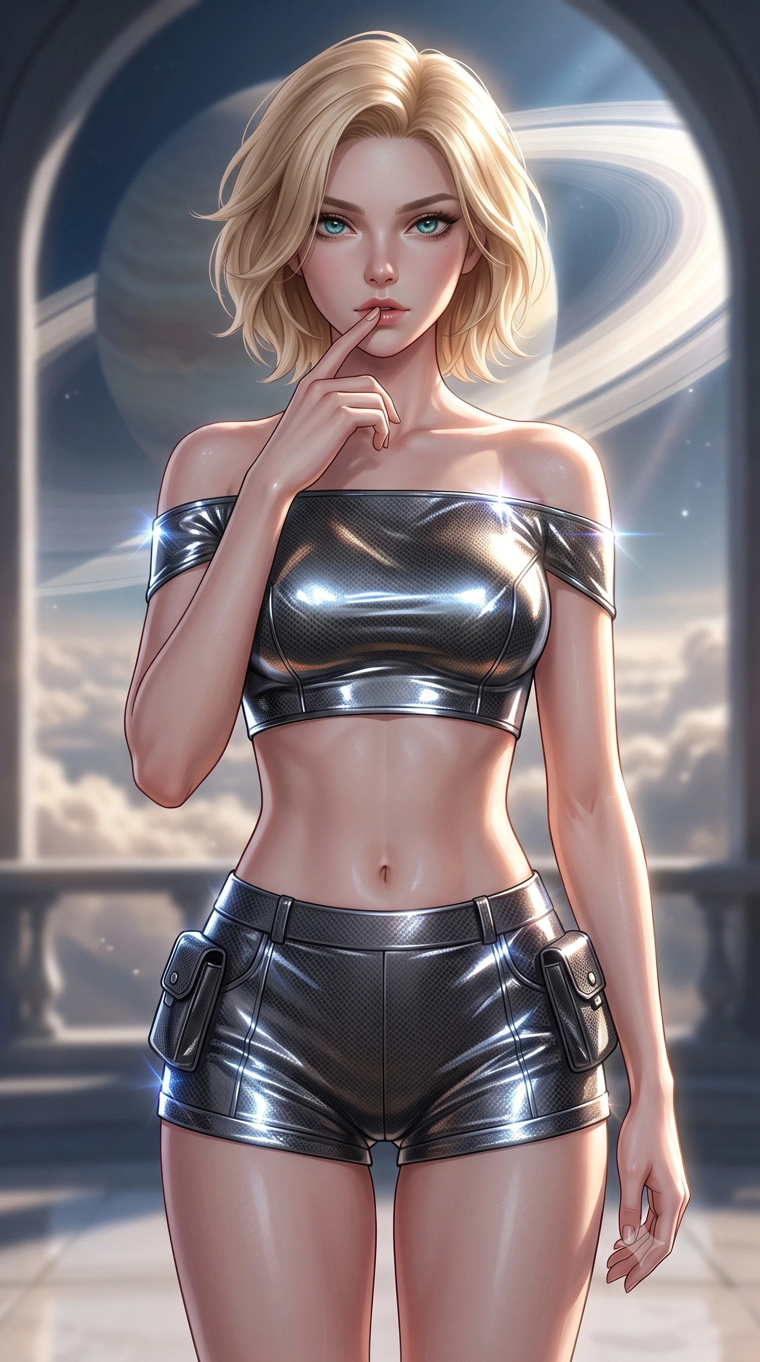 score_9, masterpiece, best quality, ultra-detailed, high-budget anime keyframe, editorial fashion photography, tasteful artistic composition, Caucasian woman. close-up cowboy shot from the waist and thighs up, the character dominates the composition, filling the frame with her large presence, background elements kept in soft focus. pressing one finger to her bottom lip in a thoughtful, composed gesture, locking eyes with the viewer, the background shows a soft-focus a space cathedral balcony overlooking planetary dust and cloud rings. She has an exceptionally elegant, slender, and willowy female figure with an ultra-slim waist, a gracefully sculpted slender torso, and a refined silhouette. sharp v-shaped jawline, high-bridge nose, intricate jewel-like eyes with depth, thick eyelashes, glossy lips with a natural sheen. wearing a form-contouring chic off-shoulder carbon-plate crop top, paired with high-waisted utility micro-shorts. brilliant cosmic flares tracing the contours of her carbon armor. ultra-reflective glossy finish, specular highlights, metallic sheen, high-contrast stereoscopic depth, volumetric dynamic lighting, 2k, ultra detail, master piece, 9:16 ratio