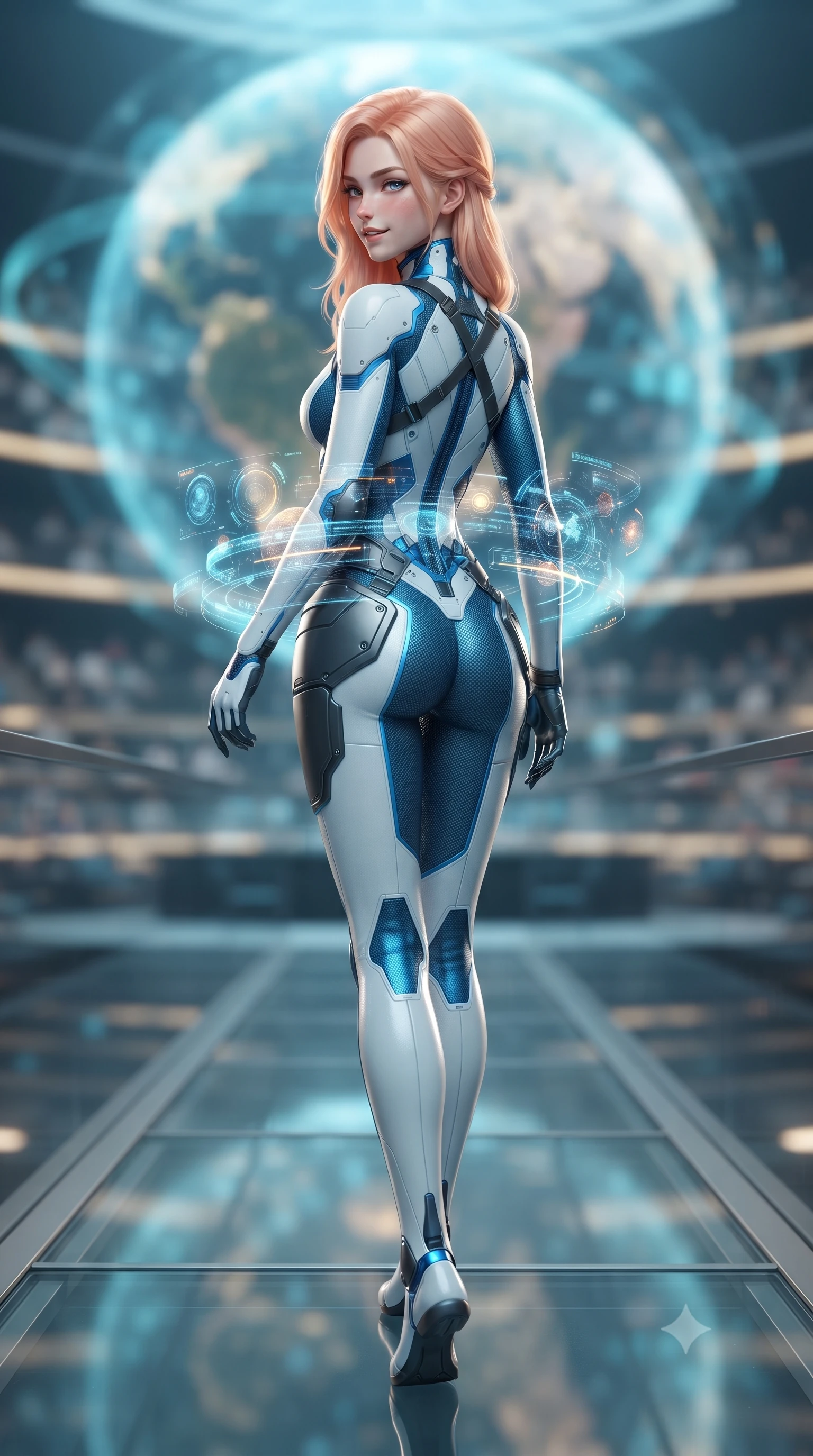 score_9, masterpiece, best quality, ultra-detailed, high-budget anime keyframe, editorial fashion photography, tasteful artistic composition, Japanese woman. low angle full-body shot from head to toe showing her feet, filling the entire 9:16 vertical frame with her statuesque presence, stretching her vertical silhouette. walking slowly along the transparent glass skybridge, looking back over her shoulder with an air of effortless grace and an alluring, smoldering smile while twisting her slender torso in an alluring contrapposto stance, complex planetary data streams wrapping around her narrow waist and hips. The background shows a soft-focus the colossal 30-meter floating holographic globe and concentric council seating tiers blurred into cyan, gold, and obsidian bokeh. She has an absolutely perfect, statuesque 8.5-heads proportion, an exceptionally tall and slender model-like female figure with impossibly long slender legs, an ultra-slim waist, a flat toned midriff, narrow delicate ribcage, and beautifully sculpted feminine hips creating a graceful, slim hourglass silhouette without any bulky heaviness. sharp v-shaped jawline, high-bridge nose, intricate jewel-like sparkling eyes with depth, thick eyelashes, glossy parted lips with a natural sheen, bright confident smile with an enchanting and coquettish sensual glint, exuding both youthful magnetic charm and sovereign high-tech allure, flawlessly proportioned anatomical accuracy, strict slender model proportions, natural body alignment, perfectly sculpted long slender limbs, ultra-slim waistline, clean dynamic posture without body distortion. wearing a second-skin cybernetic stealth suit with active-camo optical mesh and sculpted carbon hip guards in arctic snowflake white and electric plasma blue, crafted from lightweight aerodynamic matte carbon-fiber weave with structural stiffness, finished with criss-cross Kevlar tactical straps tracing her graceful shoulder blades, the aerodynamic second-skin silhouette tightly following the natural contour of her hips and long slender legs with youthful 8.5-heads elegance. illuminated by under-floor uplighting and sharp champagne rim lighting sculpting her razor-sharp jawline, narrow waist, and curvy hips. ultra-reflective glossy finish, specular highlights, rich textural contrasts, high-contrast stereoscopic depth, volumetric dynamic lighting, 2k, ultra detail, master piece, 9:16 ratio