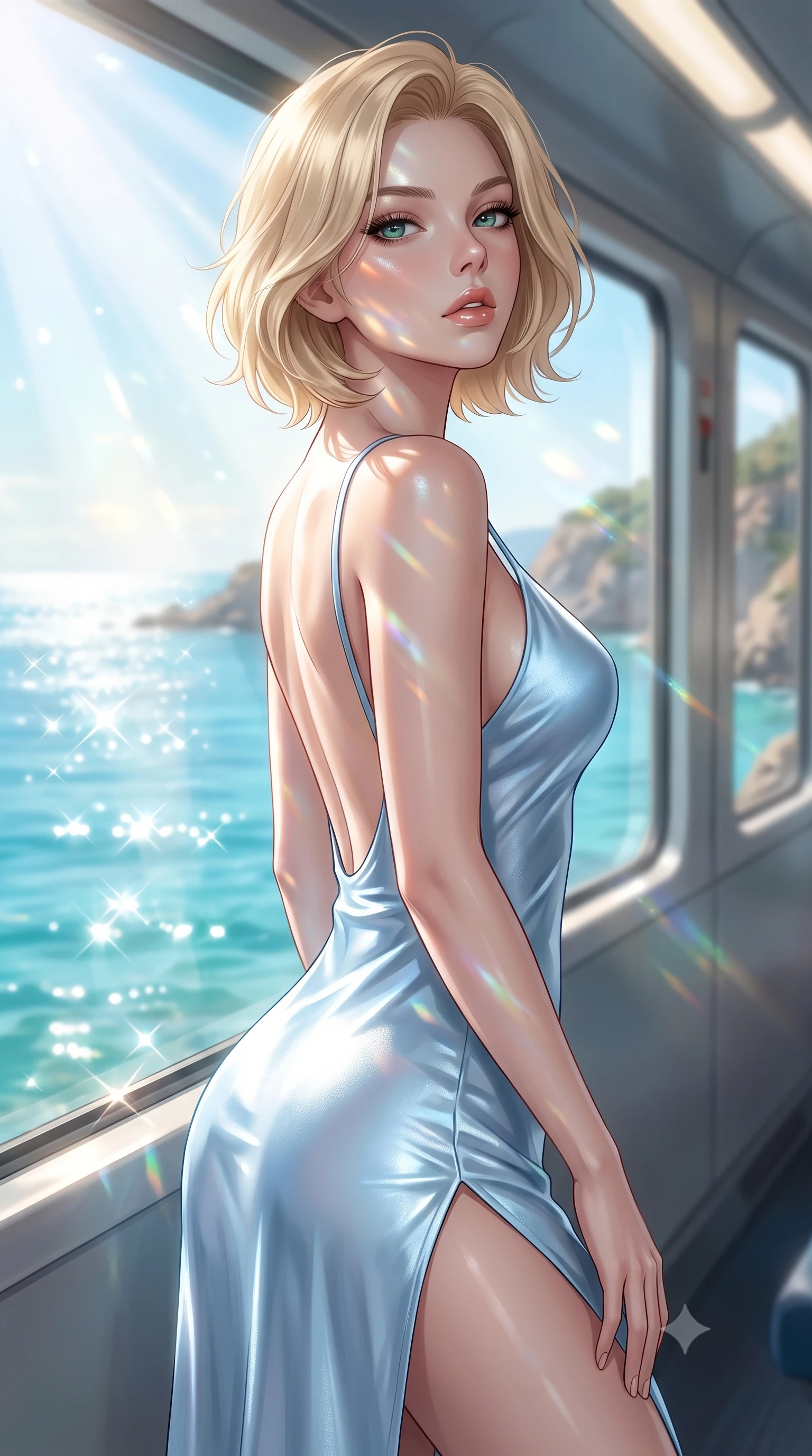 score_9, masterpiece, best quality, ultra-detailed, high-budget anime keyframe, editorial fashion photography, tasteful artistic composition, Caucasian woman. close-up cowboy shot from the waist and thighs up, the character dominates the composition, filling the frame with her large presence, background elements kept in soft focus. tilting her chin up slightly with lips parted in a composed, provocative expression the background shows a soft-focus a panoramic train suite with floor-to-ceiling windows showing a turquoise coastal cove. She has an exceptionally elegant, slender, and willowy female figure with an ultra-slim waist, a gracefully sculpted slender torso, and a refined silhouette. sharp v-shaped jawline, high-bridge nose, intricate jewel-like eyes with depth, thick eyelashes, glossy lips with a natural sheen. wearing a form-contouring lightweight silk slip dress in baby blue with a high side slit and a low-cut back. bright morning sun rays creating sparkling glints on the sea outside and her form. ultra-reflective glossy finish, specular highlights, metallic sheen, high-contrast stereoscopic depth, volumetric dynamic lighting, 2k, ultra detail, master piece, 9:16 ratio