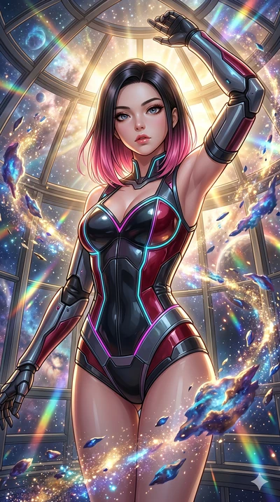 score_9, masterpiece, best quality, ultra-detailed, high-budget anime keyframe, Korean woman. Upper body close-up from the thighs up, character filling the screen for maximum presence. She is posing with dynamic energy as glowing cosmic stardust and 