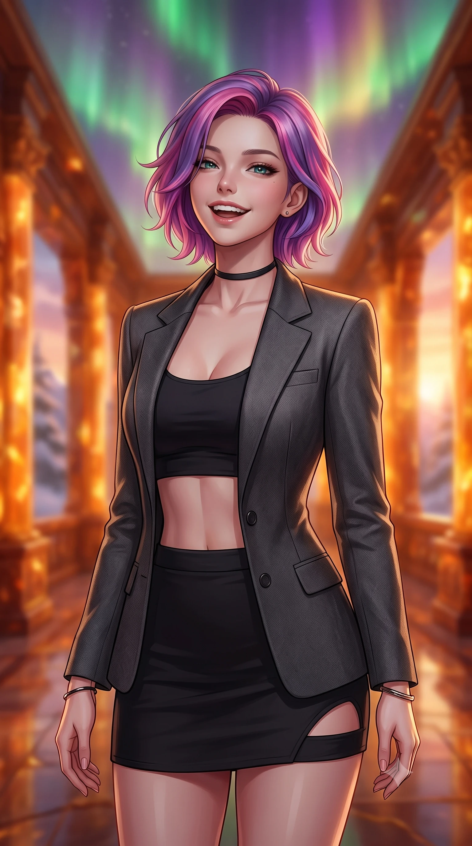 score_9, masterpiece, best quality, ultra-detailed, high-budget anime keyframe, editorial fashion photography, tasteful artistic composition, Caucasian woman, strictly human ears. close-up cowboy shot from the waist and thighs up, the character dominates the composition, filling the frame with her large presence, background elements kept in soft focus. Gently laughing with her head tilted back slightly in relaxed joy. set against a soft-focus background of standing inside a grand corridor of a palace made entirely of warm fossilized amber in a snowy pine mountain valley, glowing from within during a winter sunset. She has an exceptionally elegant, slender, and willowy female figure with a highly-defined ultra-slim waist, a gracefully sculpted slender torso, and a refined slim-fit silhouette that contours her form. sharp v-shaped jawline, high-bridge nose, intricate jewel-like eyes with depth, thick eyelashes, glossy lips with a natural sheen. wearing a structured blazer in charcoal grey worn open over a black crop top and matching mini skirt with side cutout. illuminated by a shifting aurora palette of green violet and gold from above. 2k, ultra detail, master piece, 9:16 ratio