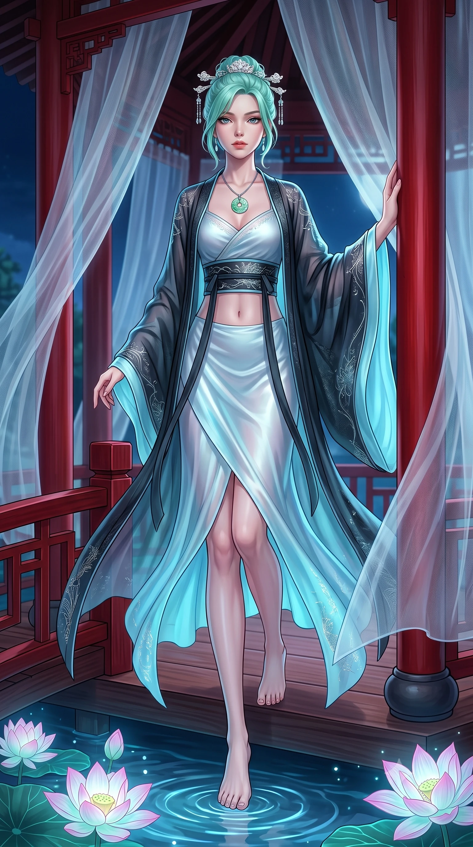 score_9, masterpiece, best quality, ultra-detailed, high-budget anime keyframe, semi-realistic 3D game render, editorial fashion photography, tasteful artistic composition, Japanese woman. low angle full-body shot from head to toe showing her feet, filling the entire 9:16 vertical frame with her statuesque presence, stretching her vertical silhouette. stepping forward gracefully in mid-motion, displaying her toned flat midriff and flawlessly sculpted slender limbs while leaning against the scarlet pillar of a moonlit silk gazebo as translucent organza curtains sway in the night breeze. The surrounding environment is rendered in vivid detail and crisp panoramic clarity. sharp lacquered wooden bridge railings, glowing lotus blossom veins, and water ripple caustics in deep focus. She has an absolutely perfect, statuesque 8.5-heads proportion, an exceptionally tall and slender model-like female figure with impossibly long slender legs, a toned flat midriff, and an ultra-slim waist. sharp v-shaped jawline, high-bridge nose, intricate jewel-like eyes with depth, thick eyelashes, glossy lips with a natural sheen, captivating and magnetic expression, flawlessly proportioned anatomical accuracy, strict slender model proportions, natural body alignment, perfectly sculpted long slender limbs, ultra-slim waistline, clean dynamic posture without body distortion. wearing an ethereal moon-goddess gossamer robe worn over a form-contouring pearlescent silk slip in dark ink-wash black and radiant moonlight cyan, woven from fine mulberry silk with metallic thread embroidery, accented with mother-of-pearl hair ornaments and a carved jade pendant, the breezy yet form-flattering drape swaying gracefully with her steps, accentuating her long willowy limbs and slim waistline. illuminated by gentle ambient water bounce light defining her flawless features and slender waist. highly saturated vibrant anime colors, detailed shading with soft gradients, rich glossy textures, high-contrast stereoscopic depth, volumetric dynamic lighting, master piece, 9:16 ratio