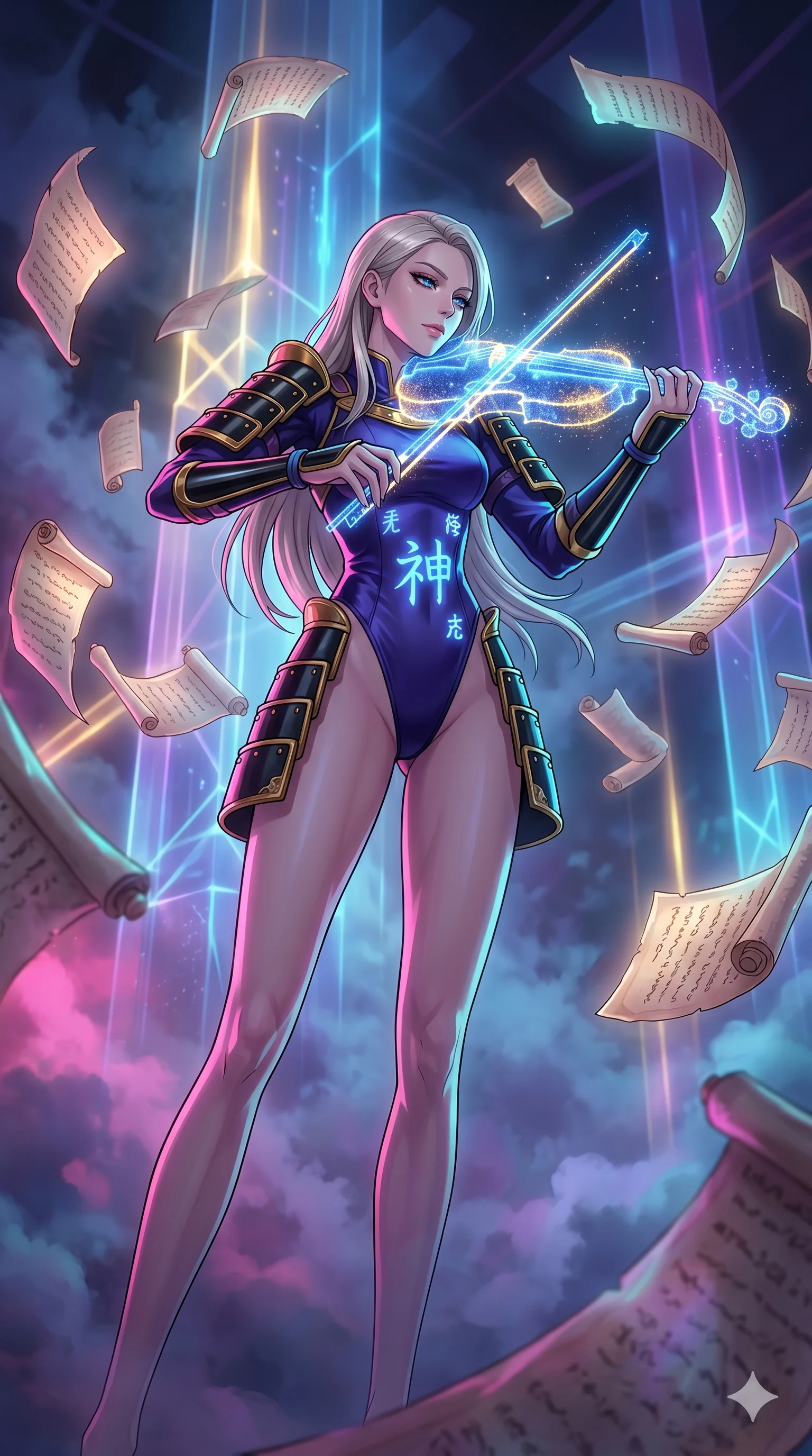 score_9, masterpiece, best quality, ultra-detailed, Set A: High-budget Anime Keyframe, Caucasian (human ears) woman. Low angle cowboy shot filling the entire 9:16 frame with her statuesque presence. Theme: Ethereal Dream. playing a holographic violin in a temple made of solid light, surrounded by a whirlwind of 93 floating ancient scrolls. The atmosphere is filled with heavy smog with neon flares. She has an absolutely perfect 8-heads proportion, an exceptionally tall and slender female figure with impossibly long slender legs and an ultra-slim waist. Sharp v-shaped jawline, high-bridge nose, intricate jewel-like eyes with depth, glossy lips. Wearing Modernized samurai armor over a high-cut silk leotard with glowing energy kanji. Cinematic lighting, vivid colors, dramatic shadows, 2k, ultra detail, master piece, 9:16 ratio