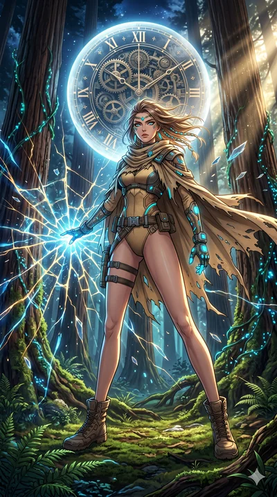 score_9, masterpiece, best quality, ultra-detailed, Set A: High-budget Anime Keyframe, Caucasian (human ears) woman. Low angle cowboy shot filling the entire 9:16 frame with her statuesque presence. Theme: Primal Nature. shattering the fabric of real