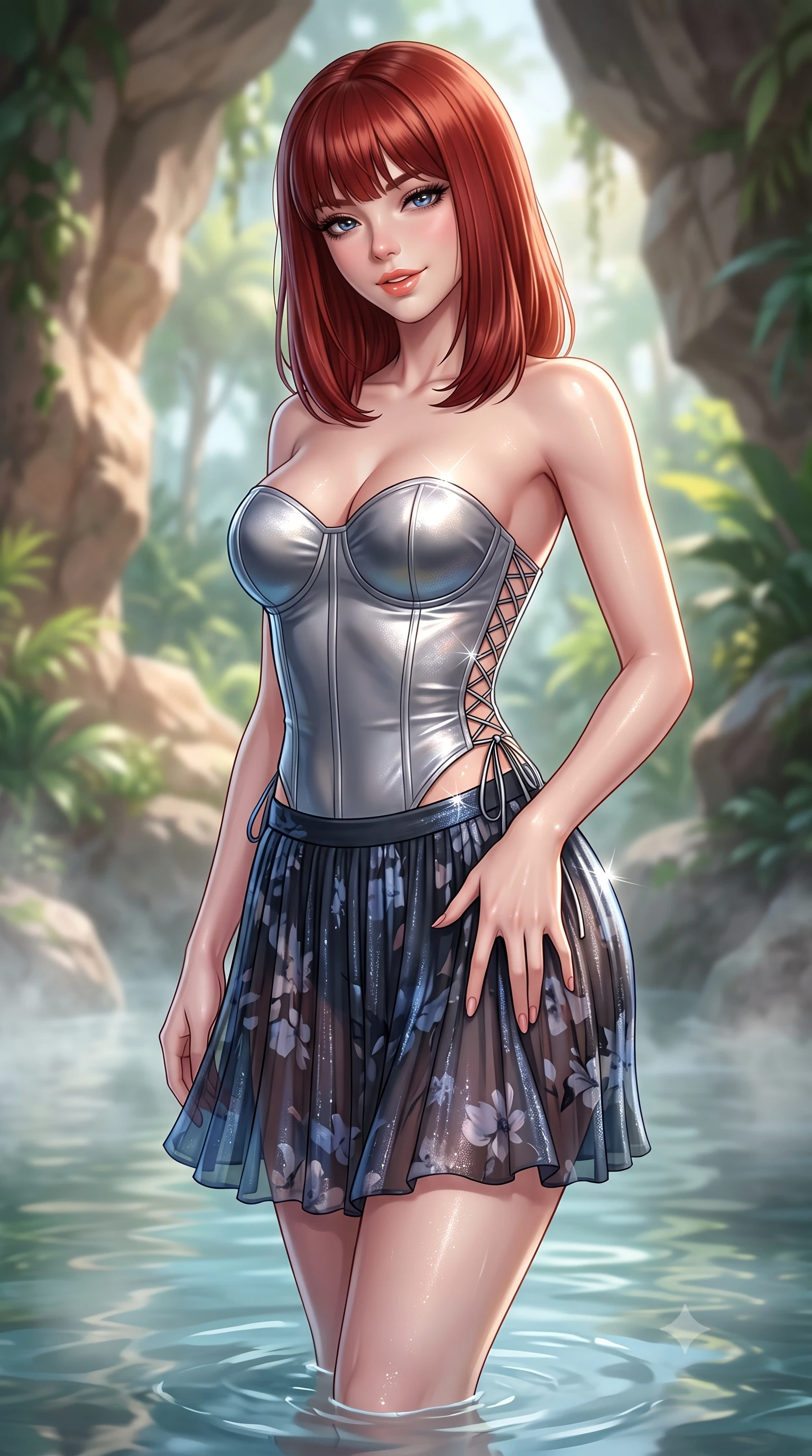 score_9, masterpiece, best quality, ultra-detailed, high-budget anime keyframe, semi-realistic 3D game render, editorial fashion photography, tasteful artistic composition, Caucasian woman. close-up cowboy shot from the waist and thighs up, the character dominates the composition, filling the frame with her large presence. tilting her head with a teasing half-smile, running one hand slowly down the side of her hip in a flirtatious S-curve as ambient light caresses her silhouette while standing in the shallow mist pool with water lapping at her calves, hips cocked back, looking over a bare shoulder with an alluring bedroom-smile. The background shows a soft-focus natural rock grottos softened in lush tropical paradise shallow focus. She has an exceptionally elegant, slender, and willowy female figure with an ultra-slim waist, flat toned midriff, narrow ribcage, and sculpted feminine hips creating an alluring, slim hourglass silhouette without bulk. sharp v-shaped jawline, high-bridge nose, sparkling eyes with hypnotic seductive depth, thick curled eyelashes, glossy parted lips with a natural dewy peach sheen, alluring bedroom-eyes with an enchanting coquettish smile, exuding magnetic siren charisma and sophisticated glamour, flawlessly proportioned anatomical accuracy, strict slender model proportions, natural body alignment, perfectly sculpted long slender limbs, ultra-slim waistline, clean dynamic posture without body distortion. wearing a strapless boned satin bustier paired with an airy micro-pleated floral chiffon skirt framing her hourglass hips in molten liquid platinum and midnight charcoal with sapphire reflections, woven from stretch metallic lurex jersey casting radiant starlight glints across her silhouette, featuring fine criss-cross lace-up side ties revealing tantalizing glimpses of her hip curve, the liquid-tight tailored fabric clinging flawlessly to her narrow waist and rounded feminine hips, emphasizing every millimeter of her sculpted slim hourglass curves without any bulky heaviness. bathed in diffused tropical greenhouse sunlight mixed with pool water caustic bounce. highly saturated vibrant anime colors, detailed shading with soft gradients, rich glossy textures, high-contrast stereoscopic depth, volumetric dynamic lighting, master piece, 9:16 ratio