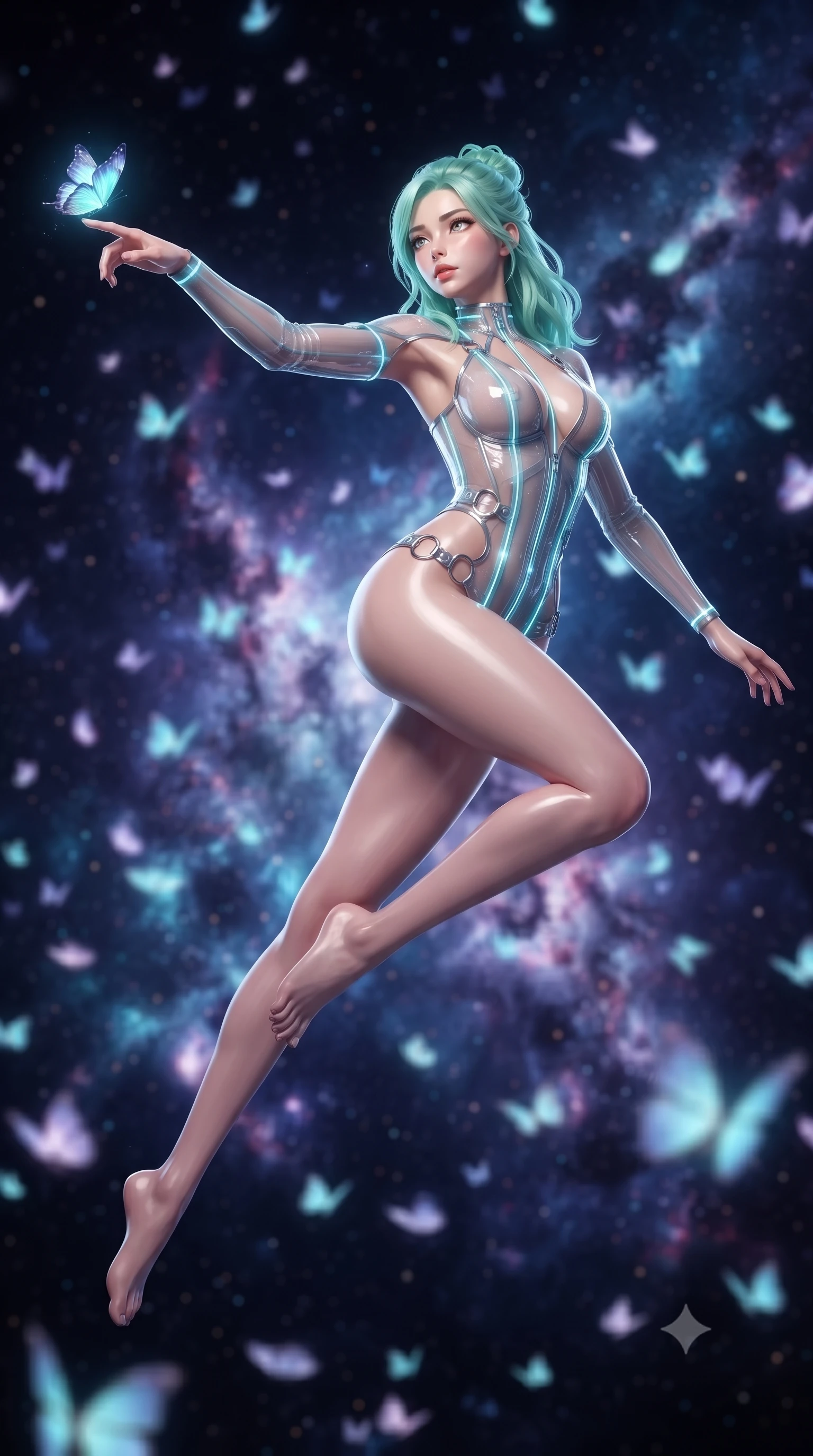score_9, masterpiece, best quality, ultra-detailed, high-budget anime keyframe, editorial fashion photography, tasteful artistic composition, Japanese woman. low angle full-body shot from head to toe showing her feet, filling the entire 9:16 vertical frame with her statuesque presence, stretching her vertical silhouette. leaping through mid-air with an athletic yet alluring arch of her spine, her impossibly long slender legs stretched in flawless poise while reaching one arm out to let a bioluminescent digital butterfly land on her finger with a captivating gaze. The composition keeps background elements in soft focus with creamy bokeh. swirling cosmic nebulae and thousands of glowing butterflies blurred into dreamy violet and cyan bokeh. She has an absolutely perfect, statuesque 8.5-heads proportion, an exceptionally tall and slender model-like female figure with impossibly long slender legs and an ultra-slim waist. sharp v-shaped jawline, high-bridge nose, intricate jewel-like eyes with depth, thick eyelashes, glossy lips with a natural sheen, flawlessly proportioned anatomical accuracy, natural body alignment, perfectly sculpted elegant limbs, clean dynamic posture without body distortion. wearing a translucent cybernetic corset in semi-opaque structured vinyl, combined with detached sleeves and a deep-plunging neckline secured by glowing micro-straps in liquid mercury silver and glowing electric cyan, tailored from semi-translucent cybernetic vinyl with glowing micro-filaments, detailed with polished silver rings connecting the daring side-waist cutouts, the sleek aerodynamic cut emphasizing her magnetic presence and alluring physical grace. surrounded by an enchanting, weightless, and dreamily sensual cosmic atmosphere. ultra-reflective glossy finish, specular highlights, metallic sheen, high-contrast stereoscopic depth, volumetric dynamic lighting, 2k, ultra detail, master piece, 9:16 ratio