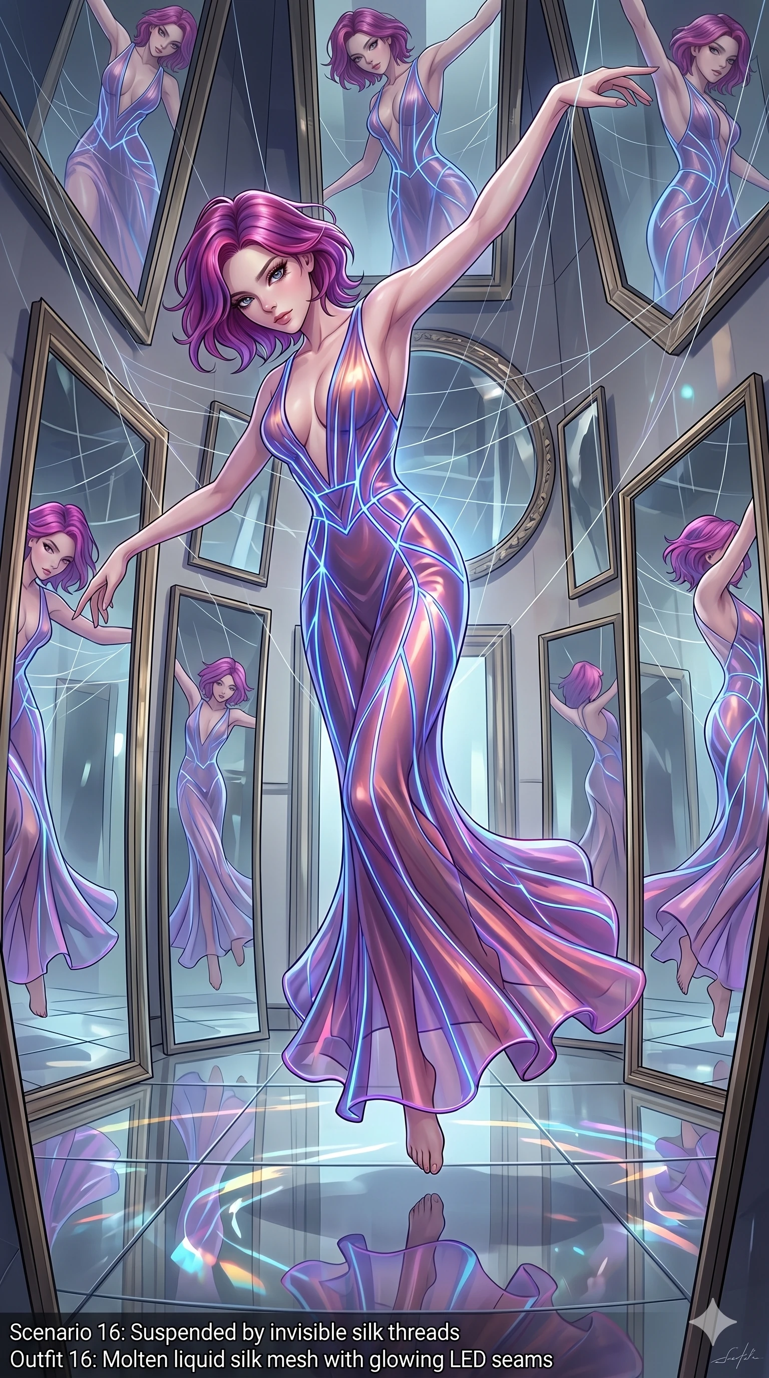 score_9, masterpiece, best quality, ultra-detailed, High-budget Anime Keyframe, East Asian woman. Dynamic full-body shot stretching the vertical silhouette to the limit. Scenario 16: Suspended by invisible silk threads in a hall of mirrors. Her presence is magnetic and overpowering in this high-budget anime scene. Outfit 16: A molten liquid silk mesh with a plunging V-neckline and glowing LED seams. The clothing is designed to emphasize her exceptionally tall and slender 8-heads proportion. 8-heads proportion, towering silhouette, ultra-slim waist. sharp v-shaped jawline, intricate jewel-like eyes with depth, thick eyelashes, glossy lips. 2k, ultra detail, master piece, 9:16 ratio