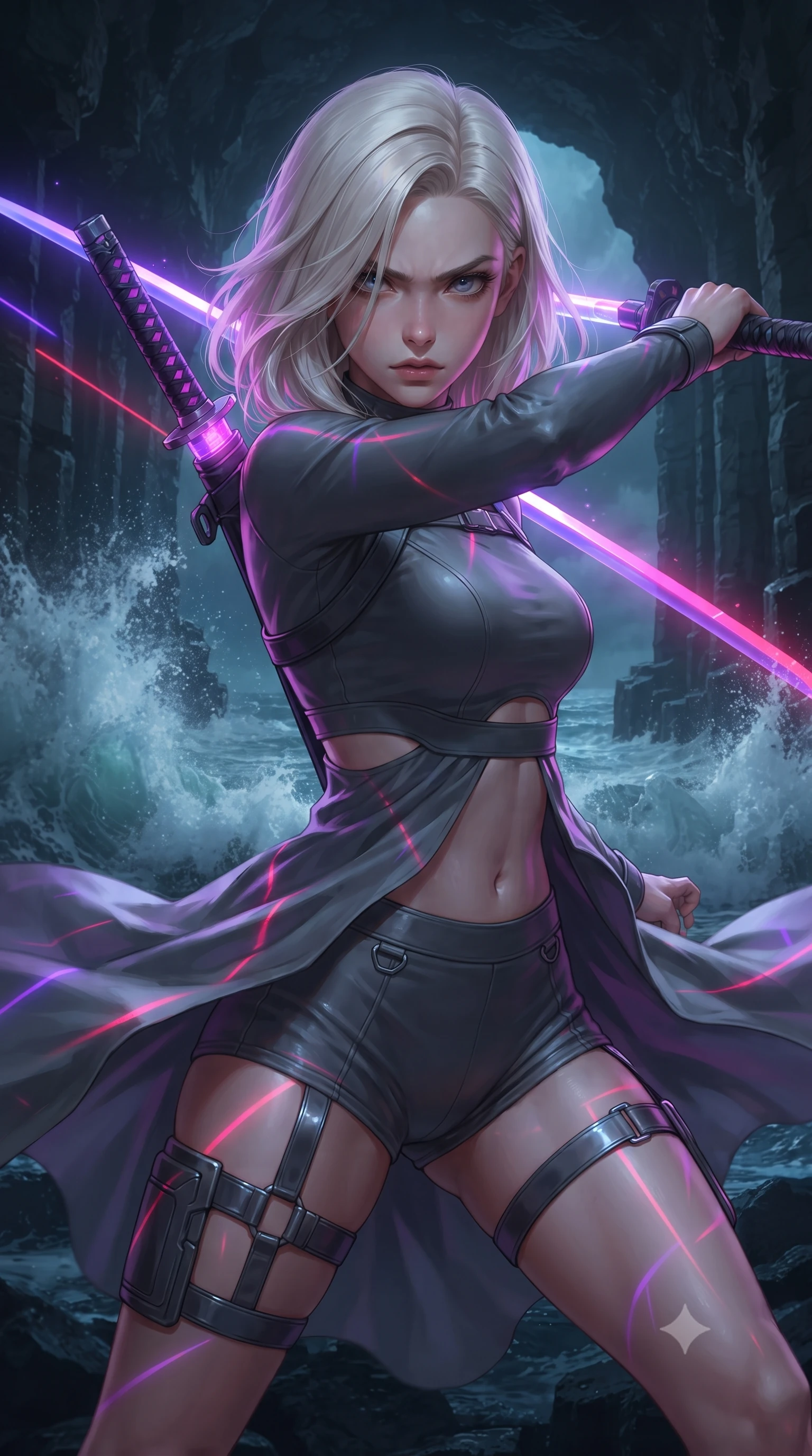 score_9, masterpiece, best quality, ultra-detailed, high-budget anime keyframe, editorial fashion photography, tasteful artistic composition, realistic cosplay photography, Caucasian woman, strictly human ears. close-up cowboy shot from the waist and thighs up, the character dominates the composition, filling the frame with her large presence, background elements kept in soft focus. Drawing a glowing sword with fierce determination and a sharp sidelong glare. set against a soft-focus background of a sea cavern where a powerful tidal wave crashes against ancient basalt pillars, filling the air with explosive sea foam. She has an exceptionally elegant and slender, willowy female figure with an ultra-slim waist, a gracefully sculpted slender torso, and a refined slim physique. sharp v-shaped jawline, high-bridge nose, intricate jewel-like eyes with depth, thick eyelashes, glossy lips with a natural sheen. wearing the lightweight fabric rippling and billowing dramatically with her movement, a form-contouring cyber-tactical crop top in dark grey with a subtle waist cutout, paired with matching high-cut shorts and thigh straps. laser lines of violet and hot pink reflecting off surfaces casting geometric neon highlights. ultra-reflective glossy finish, specular highlights, metallic sheen, high-contrast stereoscopic depth, volumetric dynamic lighting, 2k, ultra detail, master piece, 9:16 ratio