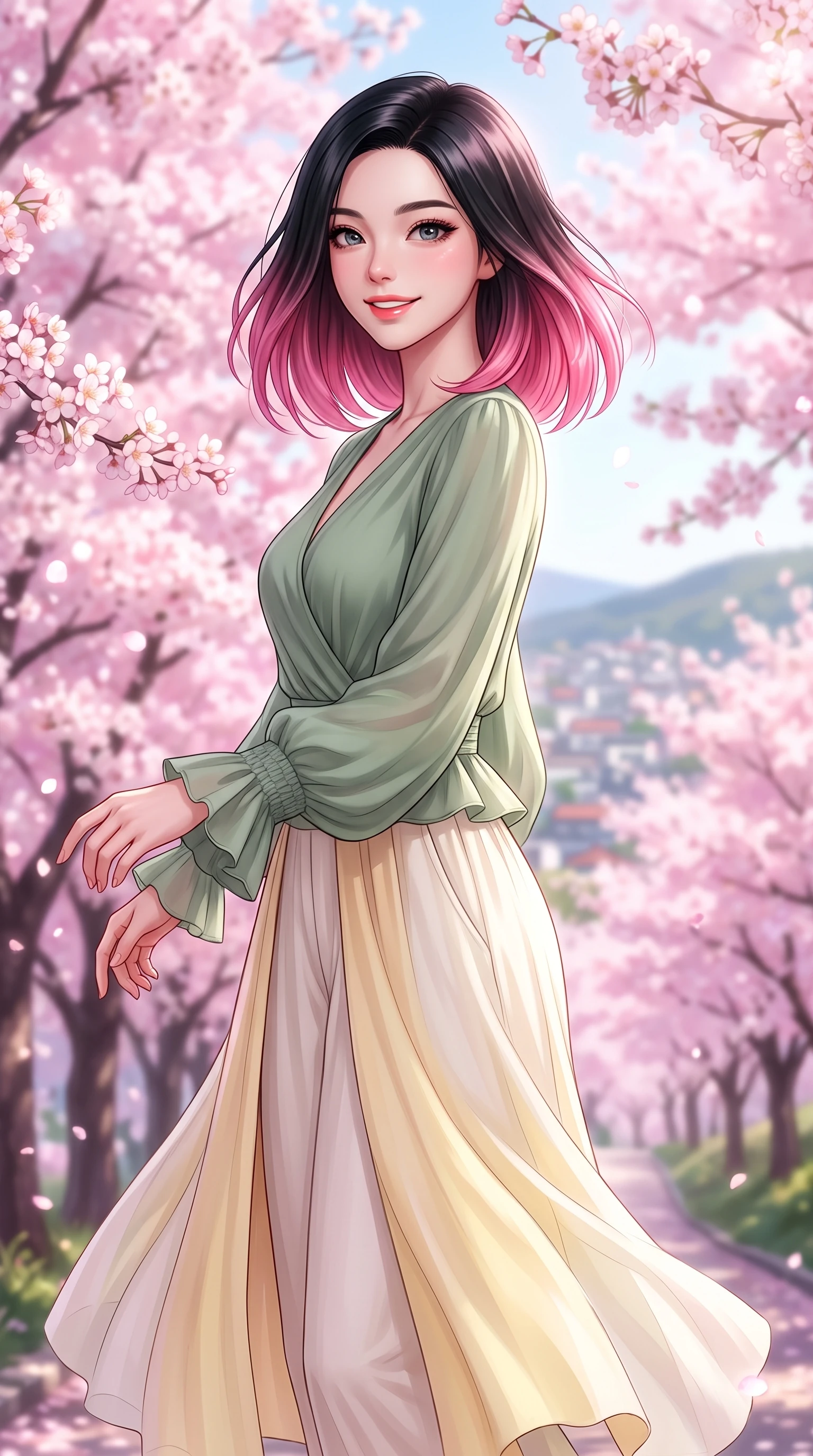 score_9, masterpiece, best quality, ultra-detailed, high-budget anime keyframe, editorial fashion photography, tasteful artistic composition, Korean woman. close-up cowboy shot from the waist and thighs up, the character dominates the composition, filling the frame with her large presence. Youthful bright smile exuding pure cute charm and fresh energy, her torso turning dynamically into the lens while walking up a gentle hill path lined with blooming sakura cherry trees in full spring bloom. The composition keeps background elements in soft focus with dreamy bokeh. dense cherry blossom canopies blurring into a dreamy, glowing pink and white bokeh backdrop. She has an exceptionally elegant, slender, and willowy female figure with an ultra-slim waist, a gracefully sculpted slender torso, and a refined silhouette. sharp v-shaped jawline, high-bridge nose, intricate jewel-like eyes with depth, thick eyelashes, glossy lips with a natural sheen, flawlessly proportioned anatomical accuracy, natural body alignment, perfectly sculpted elegant limbs, clean dynamic posture without body distortion. wearing an elegant sage green wrap blouse with wide-leg cream linen trousers in bright butter yellow and fresh cream white, made of fine lightweight chiffon that flutters gently in the breeze, accented with soft smocked details and fluttery cuffs, the chic real-way fashion cut emphasizing her effortless charm. illuminated by soft glowing pink ambient light and clear sky refractions. highly saturated vibrant anime colors, detailed shading with soft gradients, rich glossy textures, high-contrast stereoscopic depth, volumetric dynamic lighting, master piece, 9:16 ratio
