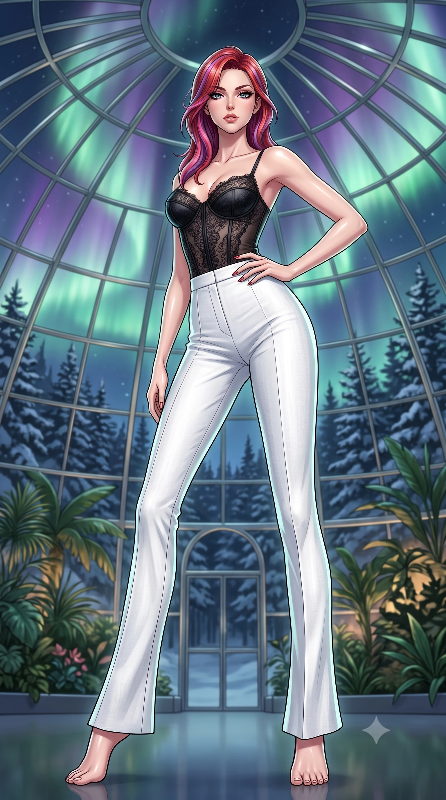 score_9, masterpiece, best quality, ultra-detailed, high-budget anime keyframe, editorial fashion photography, tasteful artistic composition, Caucasian woman. low angle full-body shot from head to toe showing her feet, filling the entire 9:16 vertical frame with her statuesque presence, stretching her vertical silhouette. posing confidently with one hand on her hip, stretching her statuesque body to emphasize her curves the background shows a soft-focus a glass dome botanical garden facing snowy pine woods during aurora borealis. She has an absolutely perfect, statuesque 8.5-heads proportion, an exceptionally tall and slender model-like female figure with impossibly long slender legs and an ultra-slim waist. sharp v-shaped jawline, high-bridge nose, intricate jewel-like eyes with depth, thick eyelashes, glossy lips with a natural sheen. wearing a body-hugging delicate lace corset top in black silk, paired with high-waisted white linen trousers. soft green and violet aurora polaris curtains wrapping the dome in a celestial glow. ultra-reflective glossy finish, specular highlights, metallic sheen, high-contrast stereoscopic depth, volumetric dynamic lighting, 2k, ultra detail, master piece, 9:16 ratio