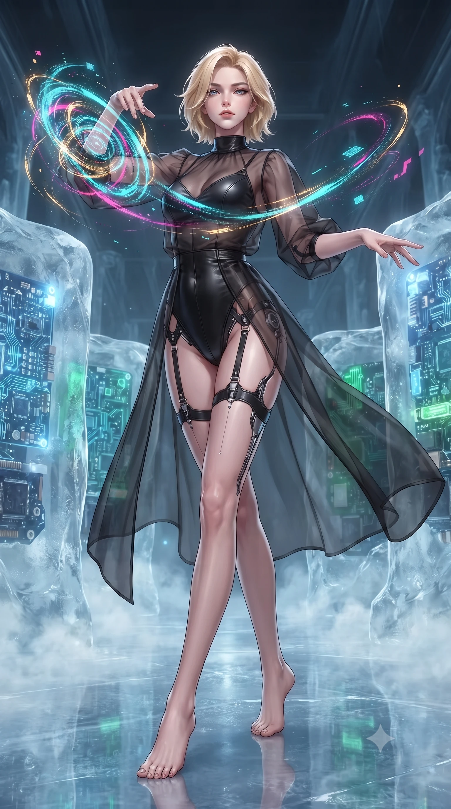 score_9, masterpiece, best quality, ultra-detailed, high-budget anime keyframe, editorial fashion photography, tasteful artistic composition, Caucasian woman. low angle full-body shot from head to toe showing her feet, filling the entire 9:16 vertical frame with her statuesque presence, stretching her vertical silhouette. interacting gracefully with the magical floating elements while maintaining a confident posture navigating a hall of frozen sculptures containing glowing cybernetic components, sub-zero mist drifting across the reflective ice floor. She has an absolutely perfect, statuesque 8.5-heads proportion, an exceptionally tall and slender model-like female figure with impossibly long slender legs and an ultra-slim waist. sharp v-shaped jawline, high-bridge nose, intricate jewel-like eyes with depth, thick eyelashes, glossy lips with a natural sheen. wearing a semi-opaque sheer overlay dress over a sleek leather micro-bodysuit with garter details, the tailored fabric tightly following every curve of her athletic build. surrounded by a crisp, high-contrast glow with ultra-bright specular highlights. ultra-reflective glossy finish, specular highlights, metallic sheen, high-contrast stereoscopic depth, volumetric dynamic lighting, 2k, ultra detail, master piece, 9:16 ratio