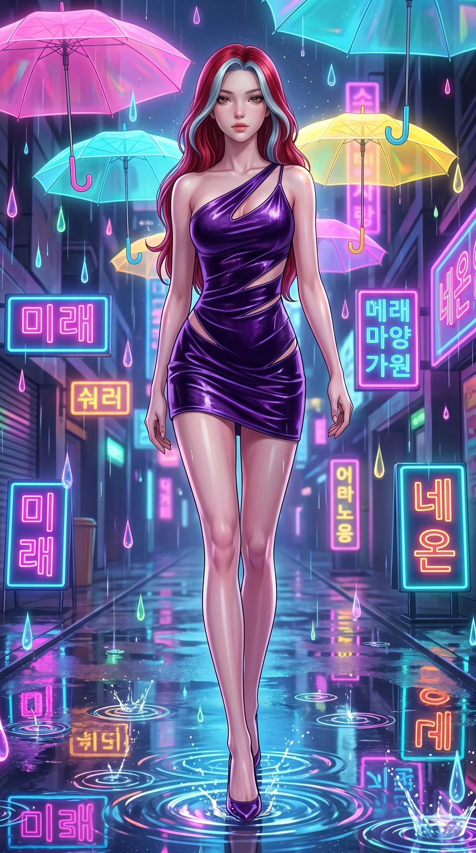 score_9, masterpiece, best quality, ultra-detailed, high-budget anime keyframe, Korean woman. low angle full-body shot filling the entire 9:16 frame with her statuesque presence, stretching the vertical silhouette. navigating a wet neon-lit future street under colorful floating umbrellas as translucent neon raindrops fall, creating brilliant splash ripples. She has an absolutely perfect 8-heads proportion, an exceptionally tall and slender female figure with impossibly long slender legs and an ultra-slim waist. V-shaped jawline, high-bridge nose, intricate jewel-like eyes with depth, thick eyelashes, glossy lips with a natural sheen.. wearing an asymmetric liquid velvet slip dress, featuring a wet-look deep purple velvet one-shoulder mini slip with slanted slashed cutouts. illuminated by dramatic chiaroscuro casting soft shadows along her curves, with vibrant backlighting highlighting the dust particles. 2k, ultra detail, master piece, 9:16 ratio