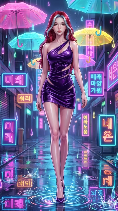 score_9, masterpiece, best quality, ultra-detailed, high-budget anime keyframe, Korean woman. low angle full-body shot filling the entire 9:16 frame with her statuesque presence, stretching the vertical silhouette. navigating a wet neon-lit future st