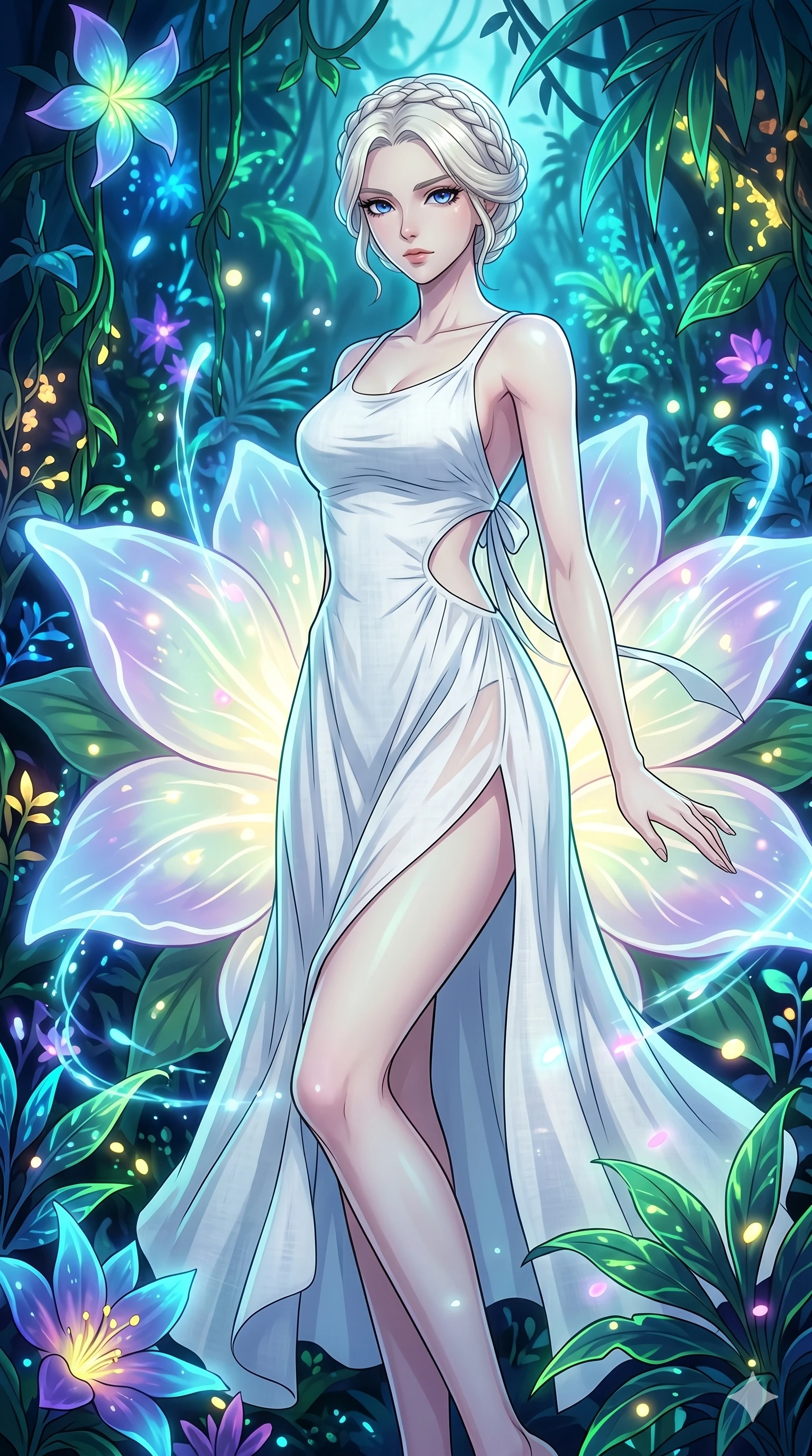 score_9, masterpiece, best quality, ultra-detailed, High-budget Anime Keyframe, vibrant colors, fluid line-art, expressive lighting, cinematic composition, Ufotable-style visual effects, top-tier animation quality, Japanese woman with delicate and elegant anime-inspired features. Upper body close-up from the thighs up, character filling the screen for maximum presence. Resting against a giant glowing flower that emits a soft, pulse-like light. She has an absolutely perfect 8-heads proportion, an exceptionally tall and slender female figure with impossibly long slender legs and an ultra-slim waist, her statuesque height and towering silhouette dominating the vertical 9:16 frame. Her face is a masterpiece featuring a sharp v-shaped jawline, high-bridge nose, intricate jewel-like eyes with depth, thick eyelashes, and glossy lips with a natural sheen. She is wearing a Flowy white linen sundress with a tie-back detail, asymmetrical cutouts on the waist, and sheer transparency.. The scene is set in a bioluminescent jungle where every leaf and flower glows with a unique frequency. 2k, ultra detail, master piece, 9:16 ratio