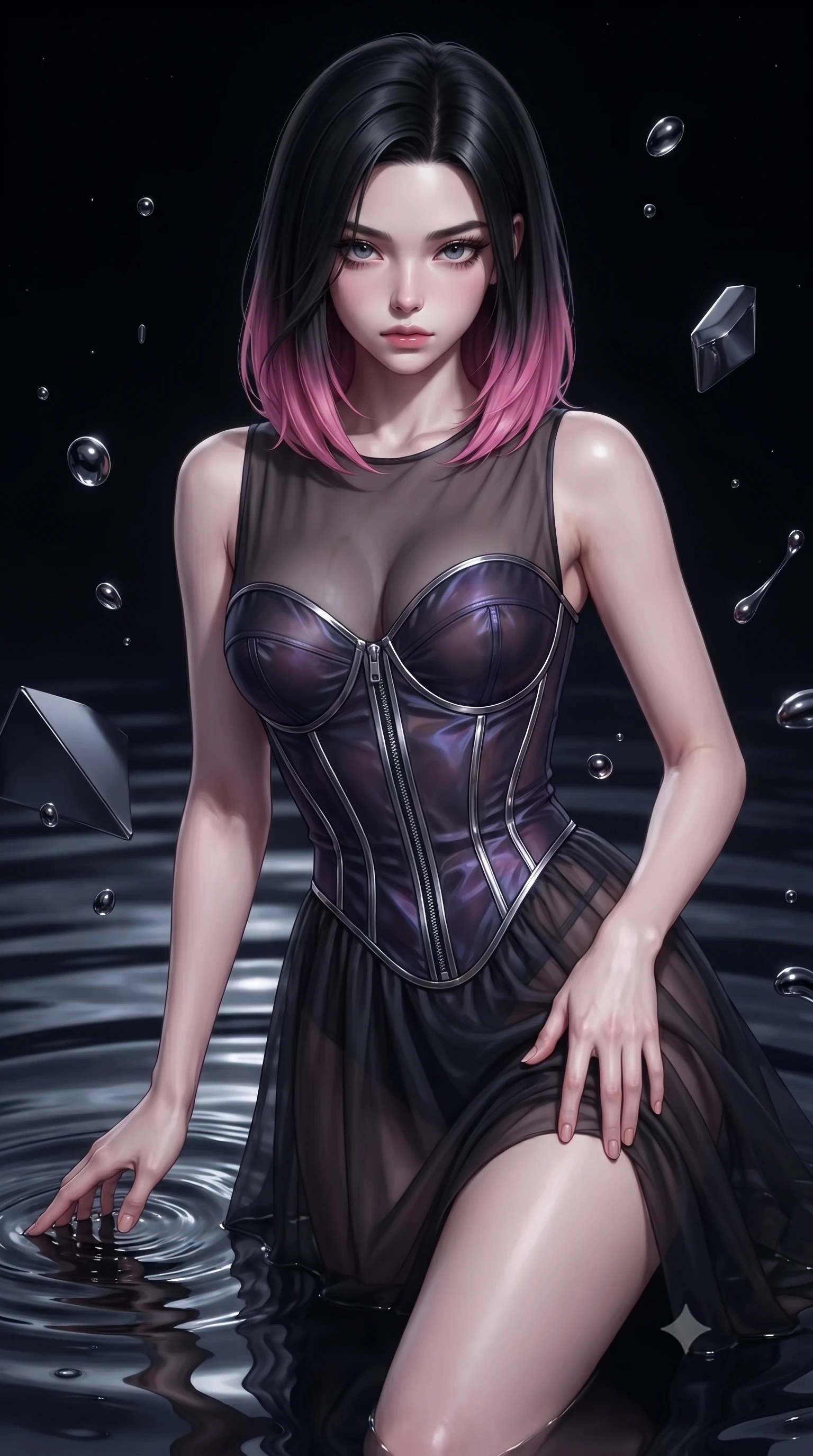 score_9, masterpiece, best quality, ultra-detailed, high-budget anime keyframe, editorial fashion photography, tasteful artistic composition, Korean woman. close-up cowboy shot from the waist and thighs up, the character dominates the composition, filling the frame with her large presence, background elements kept in soft focus. Casting a slow, direct gaze beneath heavy lashes with quiet intensity, touching a ripple in a dark mercury pool that reflects the pitch-black sky, dark chrome droplets hovering gracefully in zero gravity. She has an exceptionally elegant, slender, and willowy female figure with an ultra-slim waist, a gracefully sculpted slender torso, and a refined silhouette. sharp v-shaped jawline, high-bridge nose, intricate jewel-like eyes with depth, thick eyelashes, glossy lips with a natural sheen. wearing semi-opaque sheer dark chiffon gown revealing structured bodice silhouette in smoky pitch black, made of iridescent dark violet taffeta, finished with metallic silver boning and sleek zipper points, contouring every curve with an exceptionally elegant silhouette. bathed in cool silver metallic light and pitch-black ambient shadows. highly saturated vibrant anime colors, detailed shading with soft gradients, rich glossy textures, high-contrast stereoscopic depth, volumetric dynamic lighting, master piece, 9:16 ratio