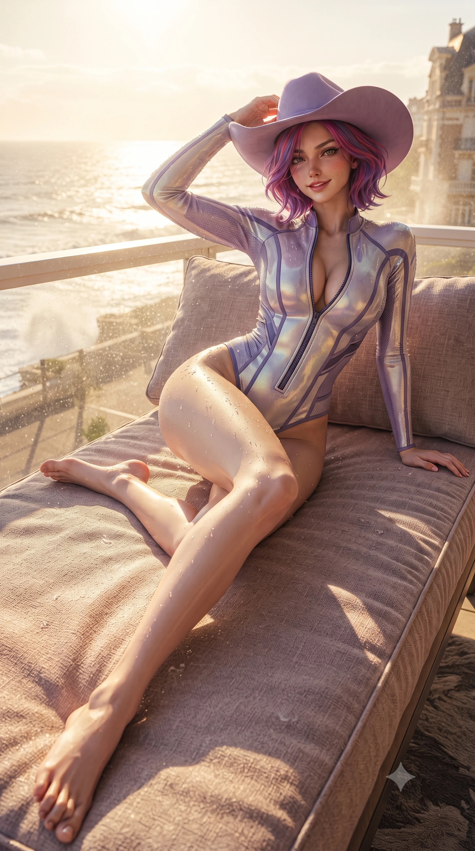 score_9, masterpiece, best quality, ultra-detailed, high-budget anime keyframe, editorial fashion photography, tasteful artistic composition, Caucasian woman. low angle full-body shot from head to toe showing her feet, filling the entire 9:16 vertical frame with her statuesque presence, stretching her vertical silhouette. reclining gracefully across the plush chaise lounge with one leg extended, her sculpted silhouette and flat midriff radiating magnetic nocturnal glamour while twisting her slender torso in an alluring contrapposto stance, salty ocean spray misting her form-fitting outfit and curvy hips. The surrounding environment is rendered in vivid detail and crisp panoramic clarity: detailed neoprene compression bodysuit weave, sun-kissed skin highlights, and French coastal architecture in razor-sharp precision. She has an absolutely perfect, statuesque 8.5-heads proportion, an exceptionally tall and slender model-like female figure with impossibly long slender legs, an ultra-slim waist, a flat toned midriff, narrow delicate ribcage, and beautifully sculpted feminine hips creating a graceful, slim hourglass silhouette without any bulky heaviness. sharp v-shaped jawline, high-bridge nose, sparkling eyes with hypnotic seductive depth, thick curled eyelashes, glossy parted lips with a natural dewy peach sheen, alluring bedroom-eyes with an enchanting coquettish smile, exuding magnetic siren charisma and sophisticated glamour, flawlessly proportioned anatomical accuracy, strict slender model proportions, natural body alignment, perfectly sculpted long slender limbs, ultra-slim waistline, clean dynamic posture without body distortion. wearing a form-contouring wet-look neoprene zip-front surfing bodysuit with high-cut leg openings and racing side stripes in iridescent mother-of-pearl and dusk lavender, woven from buttery-soft stretch lambskin leather adhering to her body like a second skin, finished with a wide-brimmed felt cowboy hat tipped back to frame her face and long glossy hair, the liquid-tight tailored fabric clinging flawlessly to her narrow waist and rounded feminine hips, emphasizing every millimeter of her sculpted slim hourglass curves without any bulky heaviness. bathed in intense golden late afternoon sunlight breaking through Atlantic sea spray mist. ultra-reflective glossy finish, specular highlights, rich textural contrasts, high-contrast stereoscopic depth, volumetric dynamic lighting, 2k, ultra detail, master piece, 9:16 ratio