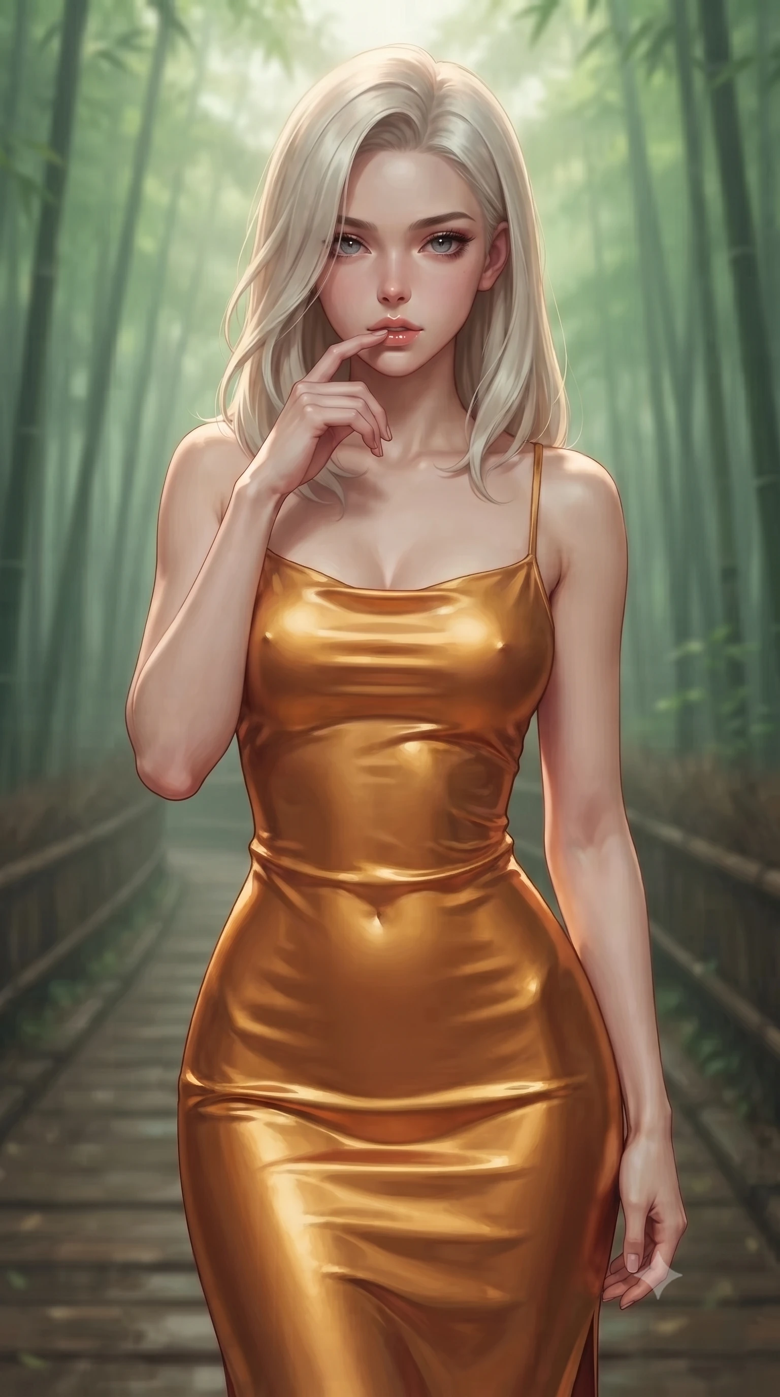 score_9, masterpiece, best quality, ultra-detailed, high-budget anime keyframe, editorial fashion photography, tasteful artistic composition, Caucasian woman woman. close-up cowboy shot from the waist and thighs up, the character dominates the composition, filling the frame with her large presence, background elements kept in soft focus. pressing one finger to her bottom lip in a thoughtful, seductive gesture under the warm sun the background shows a soft-focus a wooden pathway cutting through a quiet, misty green bamboo forest. She has an exceptionally elegant, slender, and willowy female figure with an ultra-slim waist, a gracefully sculpted slender torso, and a refined silhouette. sharp v-shaped jawline, high-bridge nose, intricate jewel-like eyes with depth, thick eyelashes, glossy lips with a natural sheen. wearing a tailored body-hugging liquid silk slip dress in sunset gold, clinging to her slender waist and hips. soft, diffused green-tinted light creating a calm, meditative atmosphere. ultra-reflective glossy finish, specular highlights, metallic sheen, high-contrast stereoscopic depth, volumetric dynamic lighting, 2k, ultra detail, master piece, 9:16 ratio